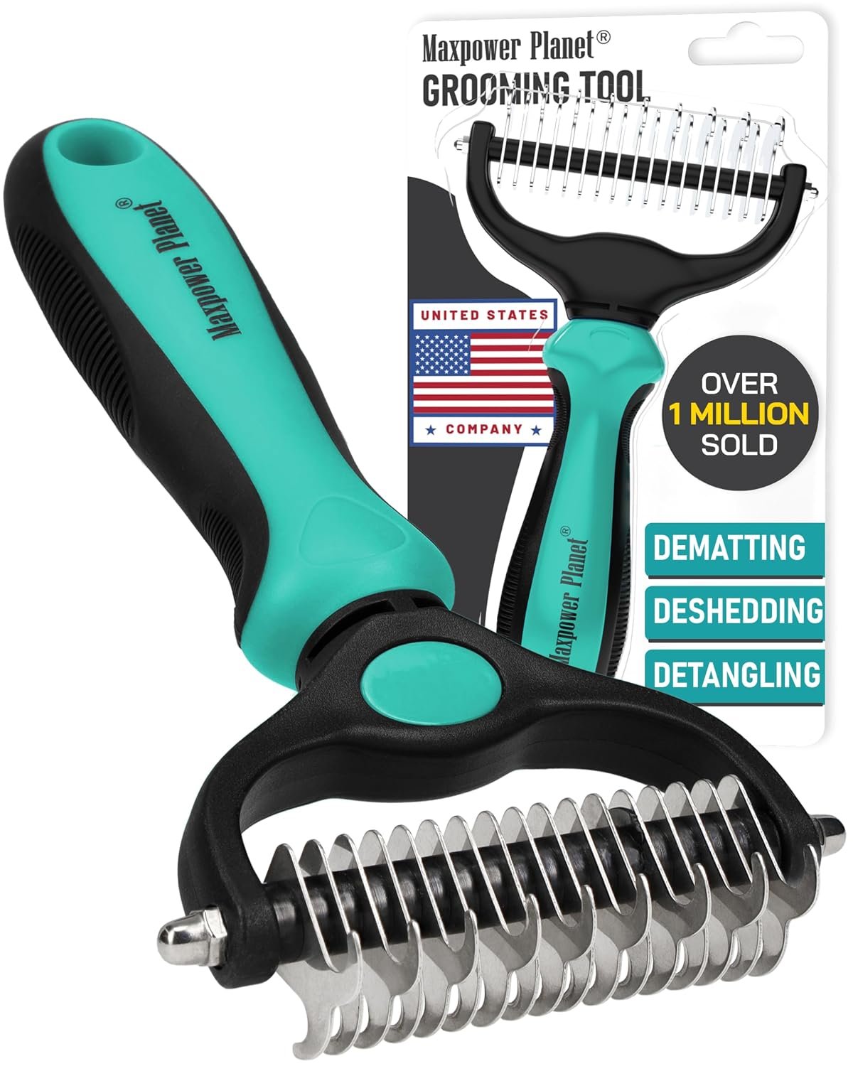 Maxpower Planet Hair Brush – Double Sided Shedding, Dematting Undercoat Rake for Dogs and Cats – Extra Wide Dog Grooming Brush, Reduce Shedding by 95%, Turquoise
