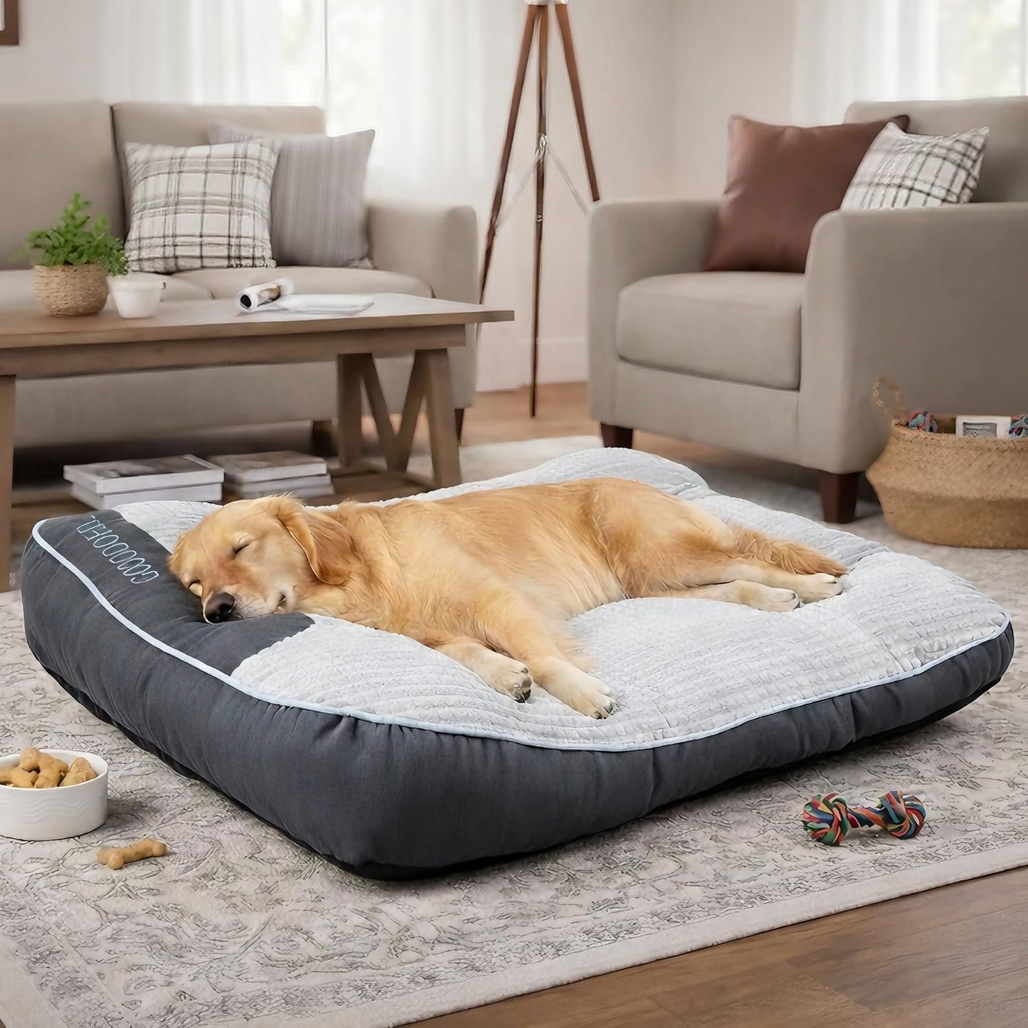 XL Dog Bed for Large Dogs Up to 110 lbs, Orthopedic Extra Giant Dog Sofa with Thick Plush Crate Mat & Bolster Pillow, Fluffy Washable Bed for Senior & Arthritic Dogs, Non-Slip Bottom, Grey 47″x37″