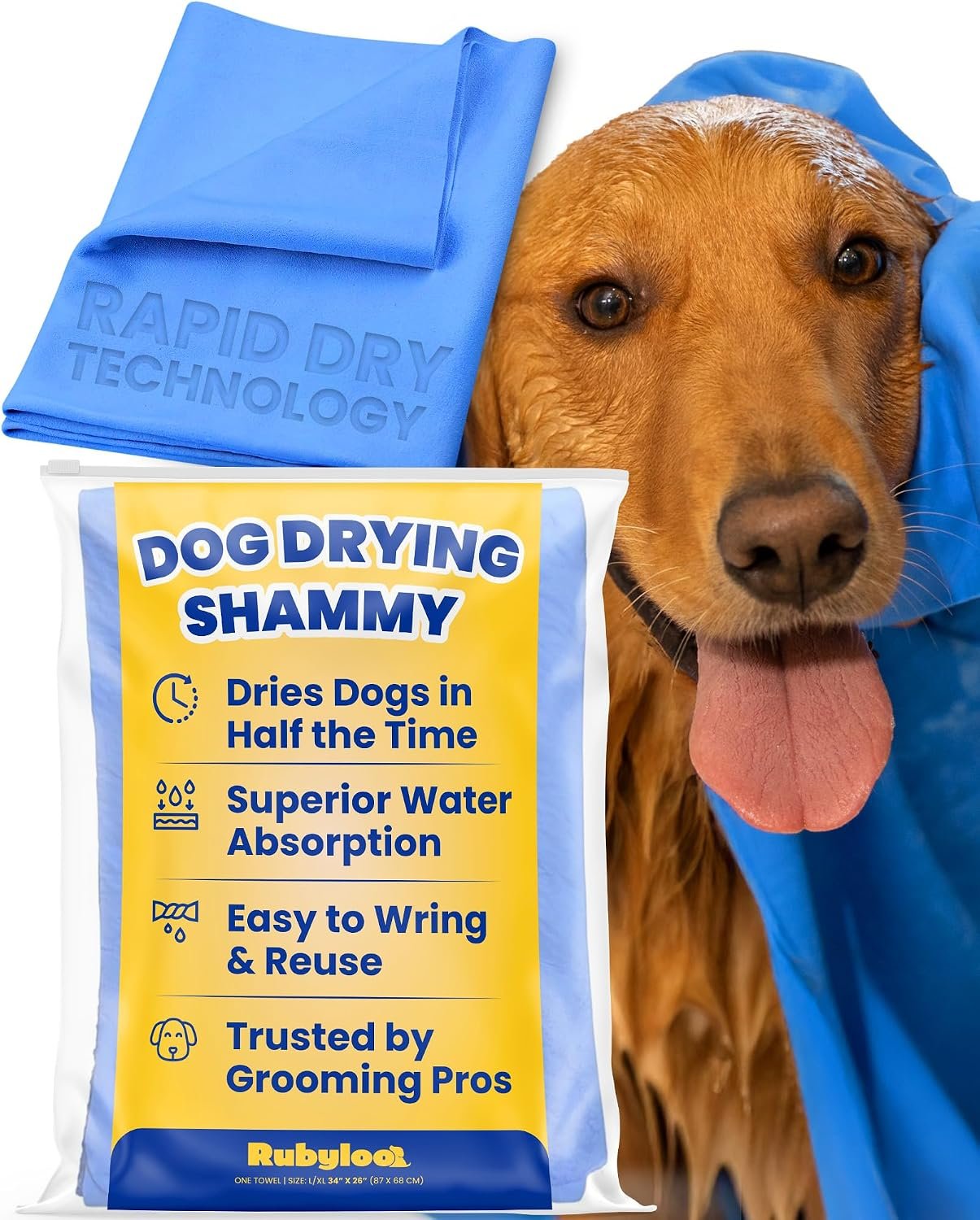 Shammy Dog Towel for Drying Dogs Large, 34x26in, Ultra Absorbent, 1 Pack