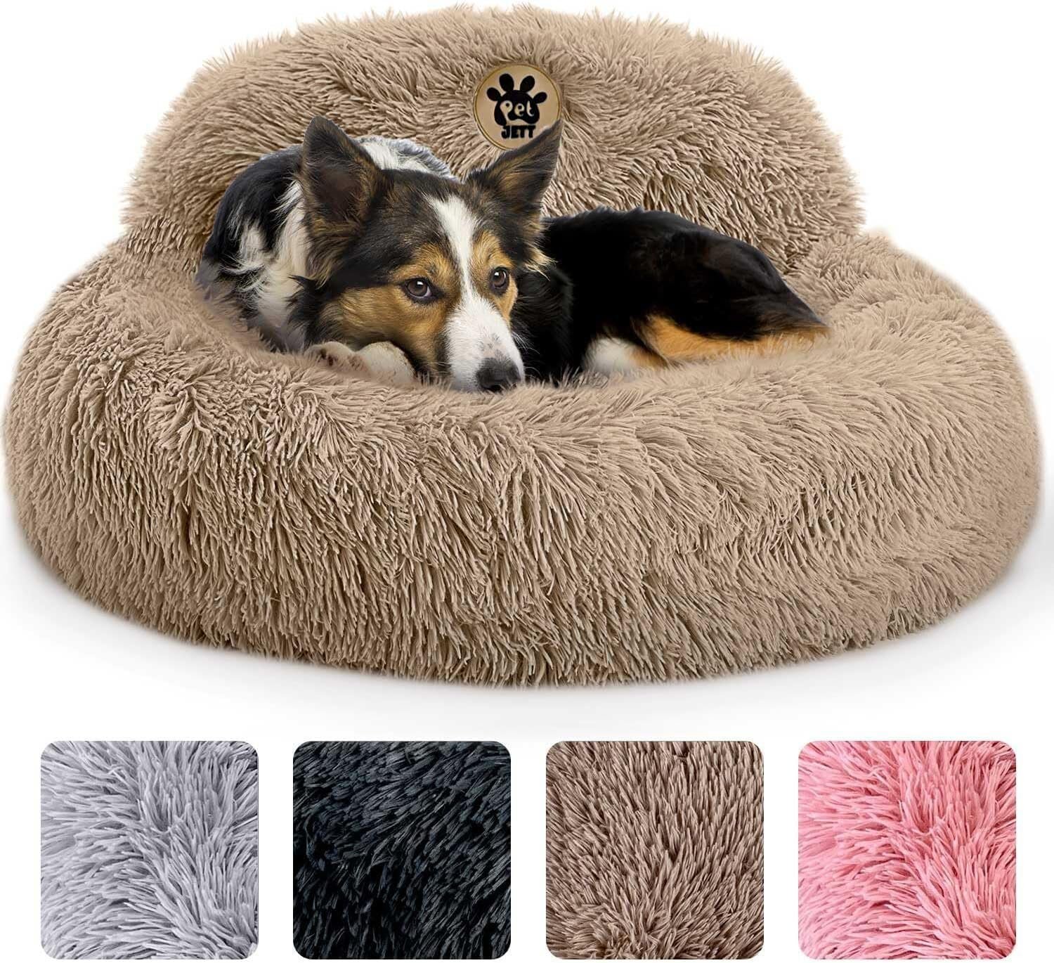 PetJett Calming Medium Dog Bed – 30” Round Dog Beds – Washable Dog Bed – Anti-Slip Super Soft Fluffy Plush Donut Bed, Anti-Anxiety Premium Comfort Pet Bed, Fits Dogs up to 45 lbs – Beige