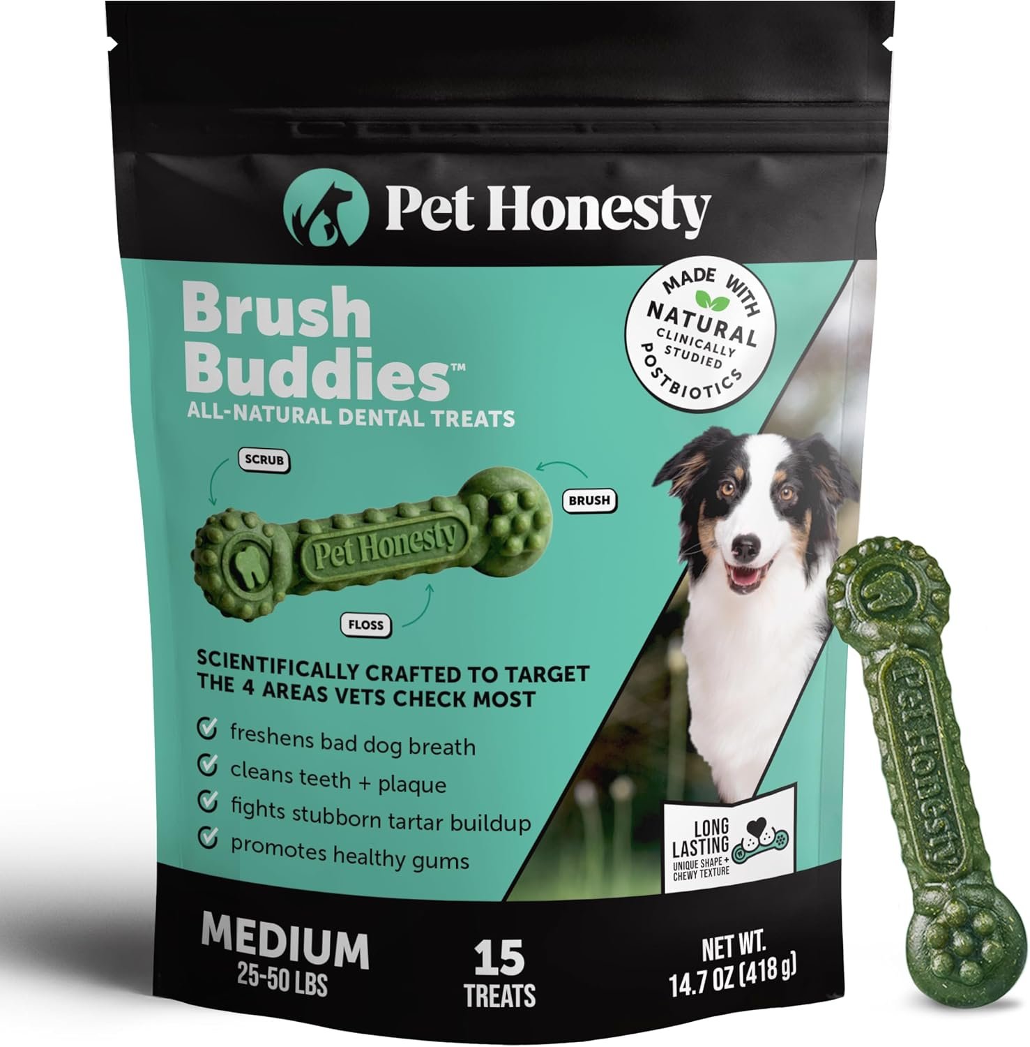Pet Honesty Brush Buddies Vet Backed Dog Dental Chews, 15 Count