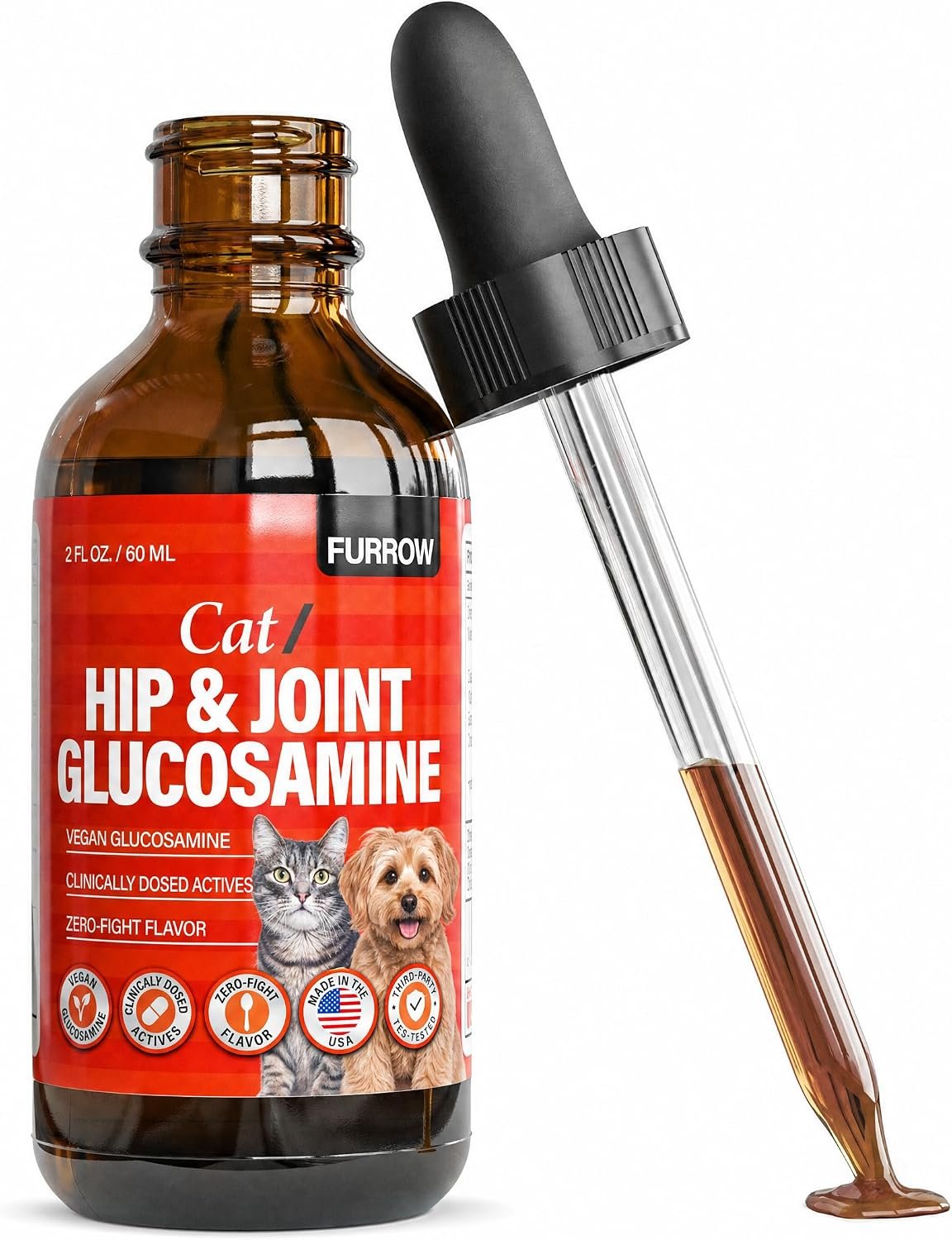 Furrow Liquid Glucosamine for Cats and Small Dogs — Hip & Joint Supplement with MSM, Chondroitin, Taurine & Hyaluronic Acid, Chicken Gravy Flavor — Joint Support for Pets Under 22 lbs