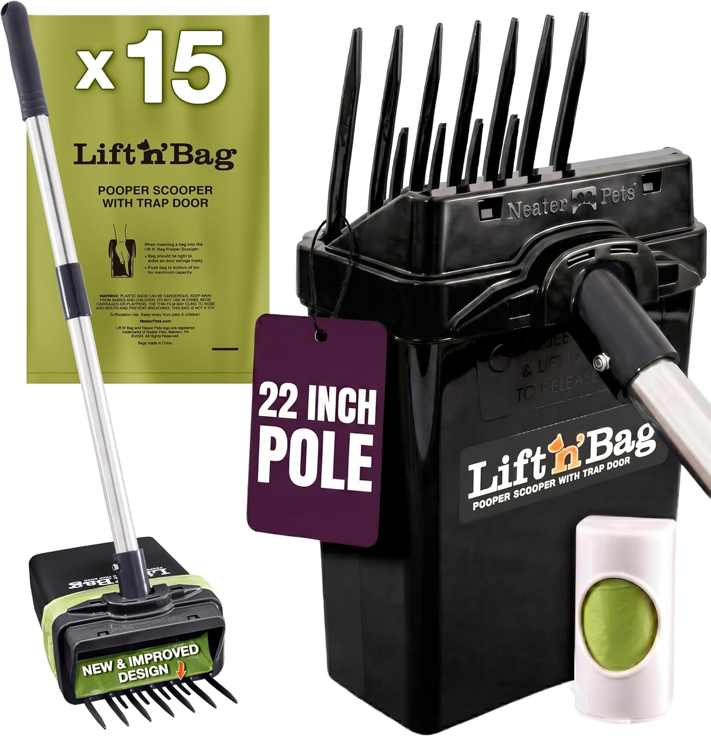 Neater Pet Brands Lift N’ Bag Dog Pooper Scooper with 22″ Pole, 15 Bags