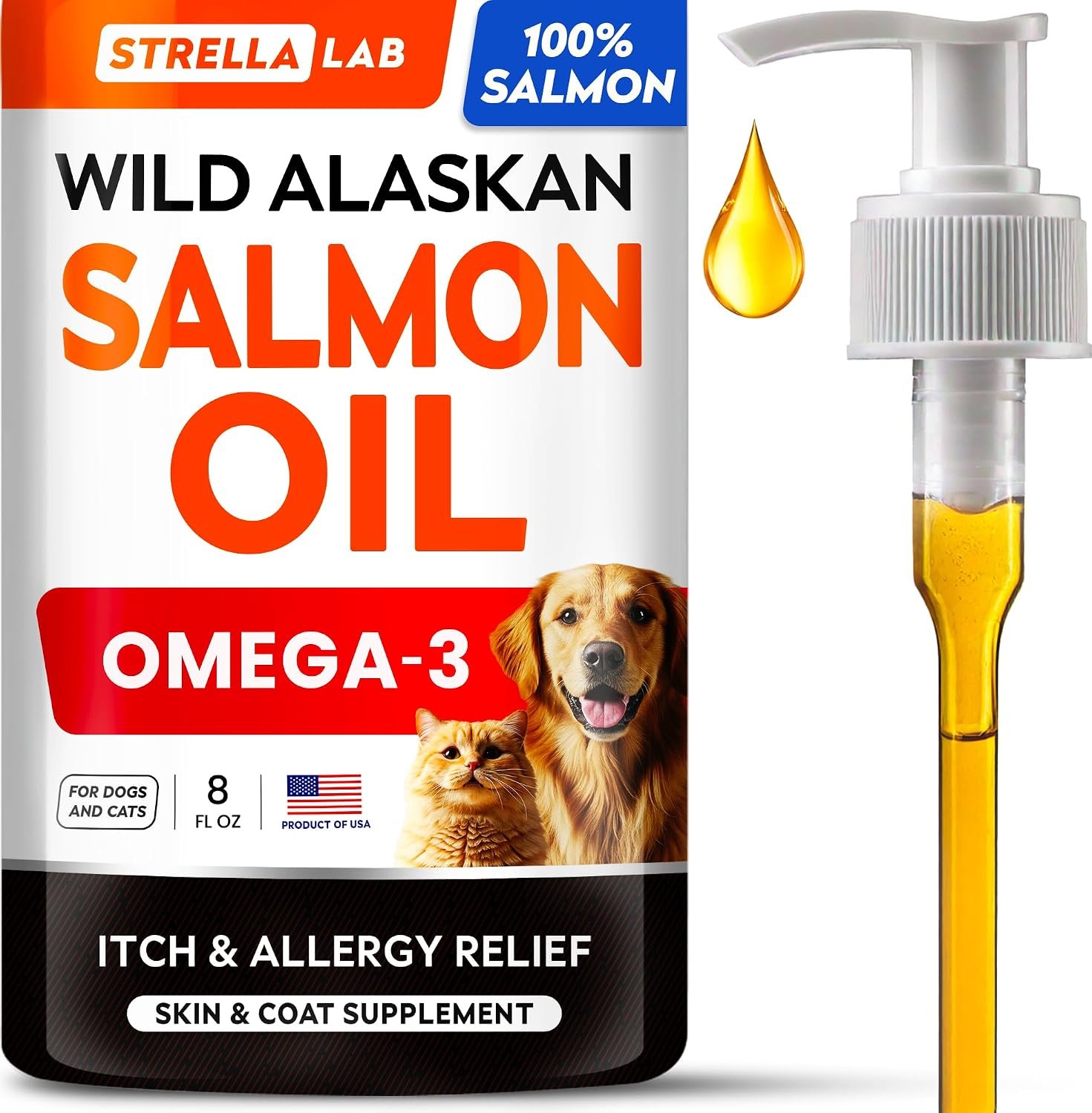 Wild Alaskan Salmon Oil for Dogs & Cats w/Omega 3 – EPA+DHA Fatty Acids