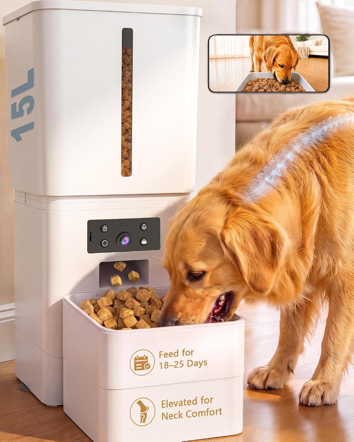 15L Automatic Dog Feeder Large Breed: 63 Cup Capacity for Kibble up to 22mm