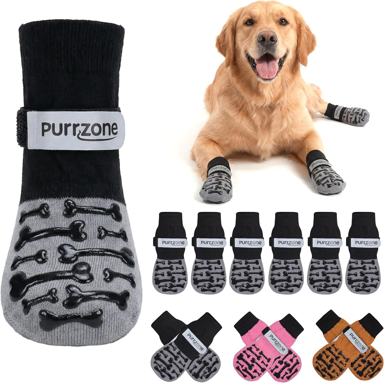 Non-Slip Dog Socks with Bone Paw Grips, 6 Pairs, Grey, L