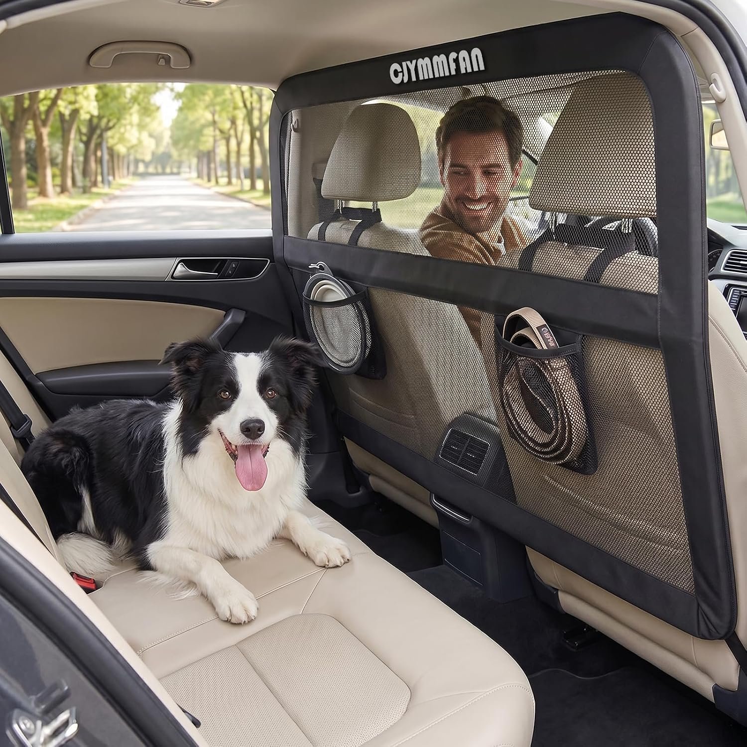 Dog Barrier for Car Back Seat & Cargo Area with Wider Coverage, Universal Fit for Cars, SUVs & Sedans, Dog Car Gate Divider with Chew-Proof Transparent Net and Sturdy Metal Frame for Backseat & Trunk