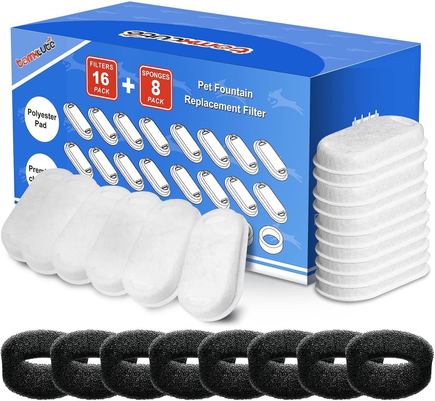 Official Tomxcute Cat Water Fountain Replacement Filters (16+8 Pack)
