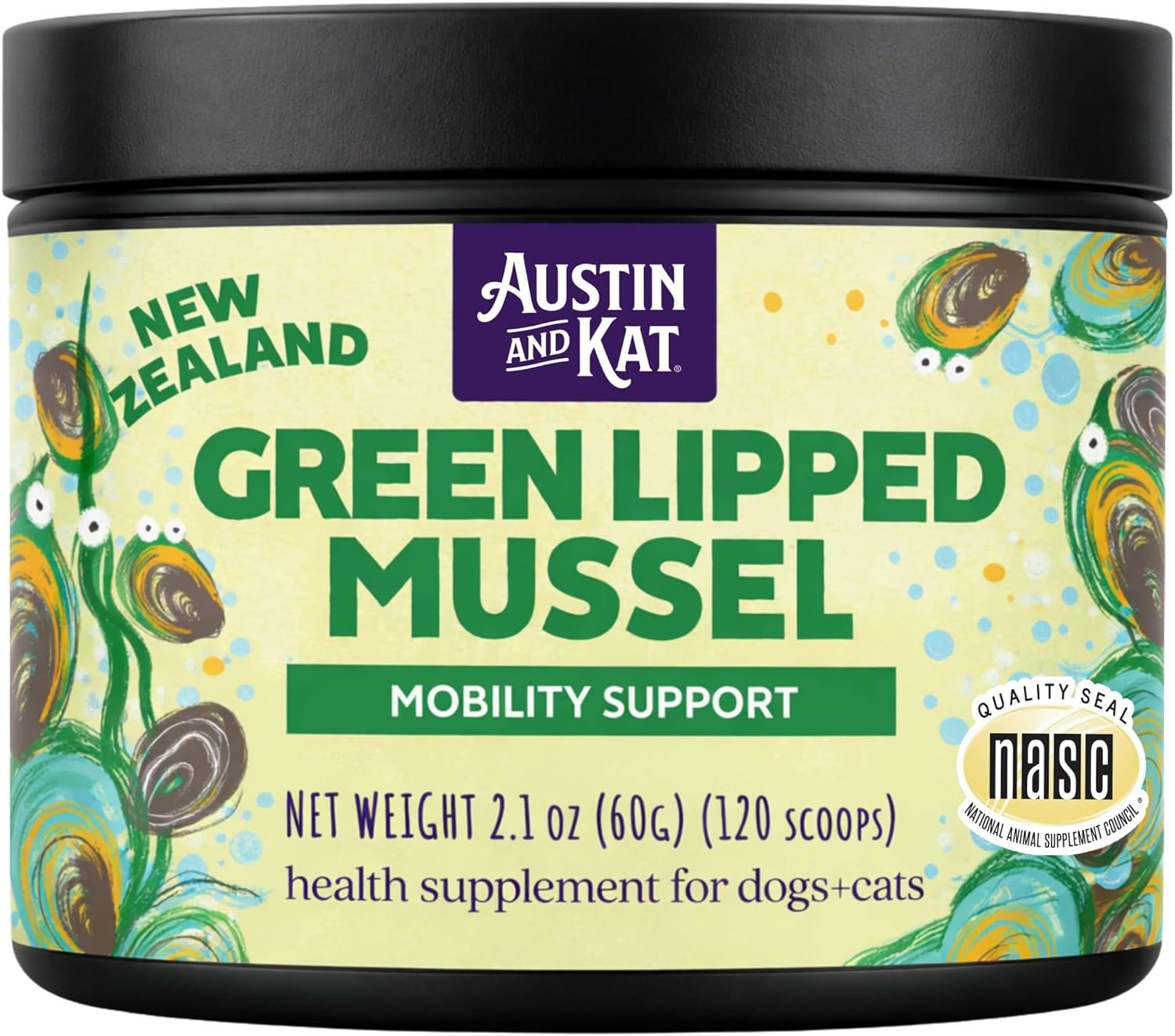 Austin and Kat Green Lipped Mussel Powder, Dogs & Cats, 2.1 oz, 120 Scoops​