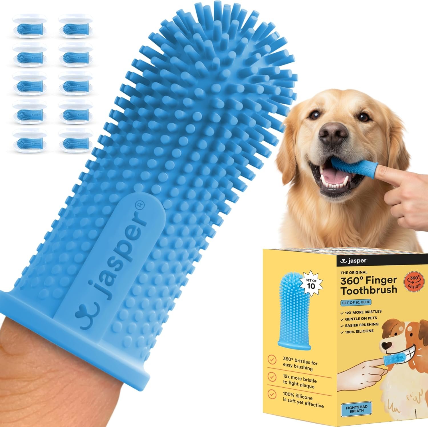 Jasper Dog Toothbrush, 360° Finger Toothbrush for Dogs & Cats, Blue 10-Pack