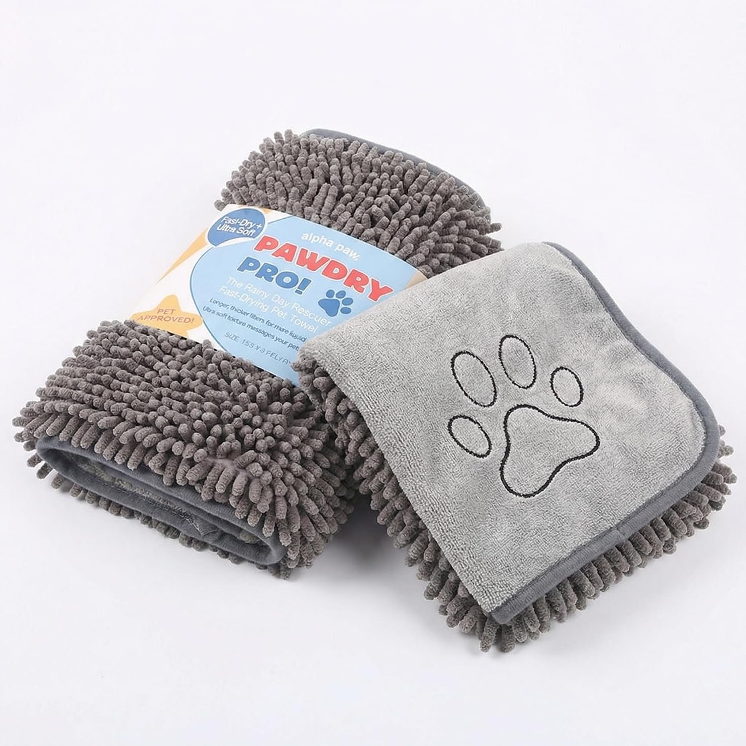 Alpha Paw PawDry Pro Dog Towel – Ultra Absorbent Microfiber Chenille Dog Drying Towel with Hand Pockets, Quick Dry Shammy for Dogs and Cats, Machine Washable, Grey