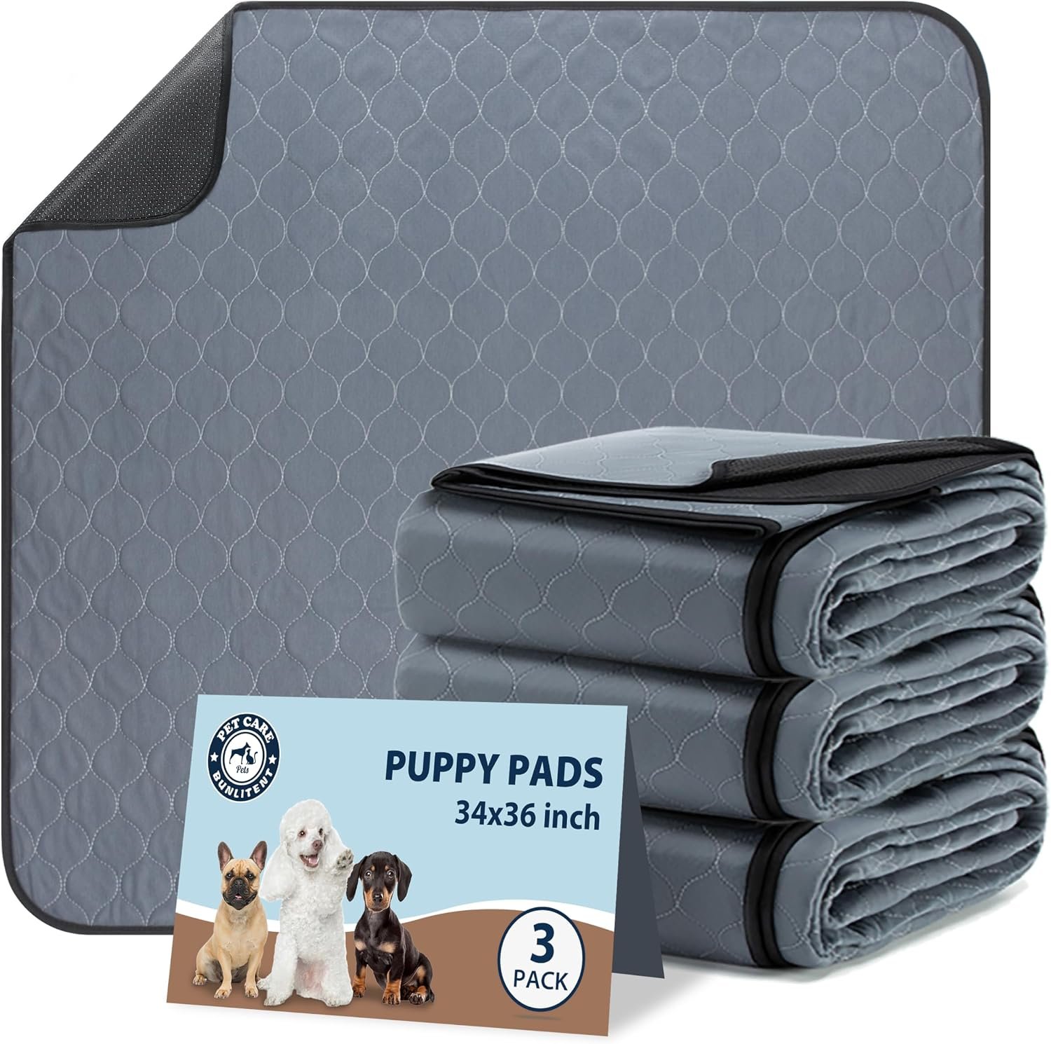 Bunlitent Washable Pee Pads for Dogs 34 x 36, 3 Pack, Reusable Puppy Pads
