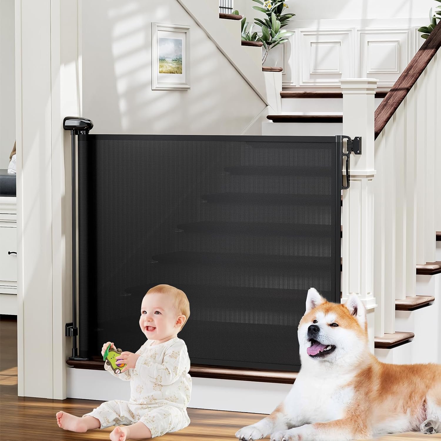 PRObebi Retractable Baby Gates for Stairs & Doorways, Dog Gate 0-54″ W × 34″ H, Black
