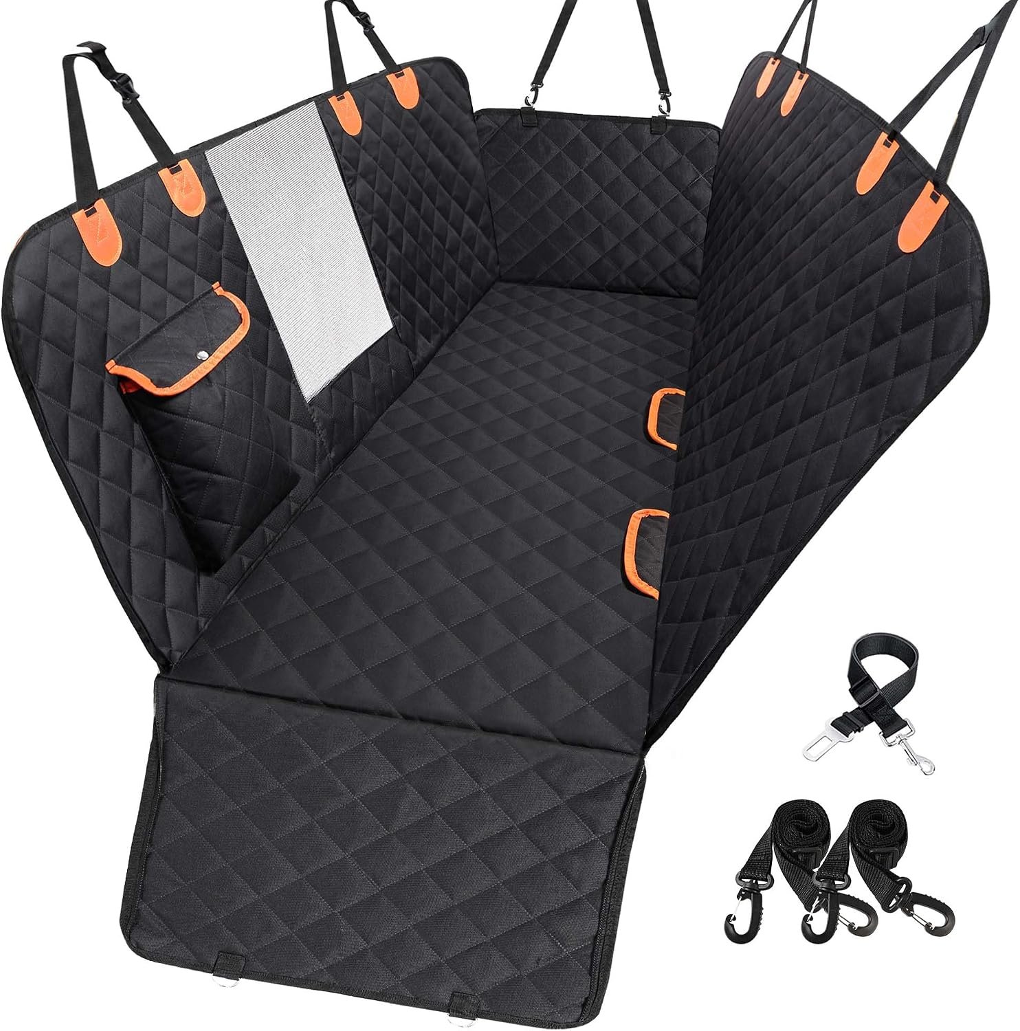 Dog Car Seat Cover for Back Seat 600D Scratchproof Nonslip Durable Waterproof Cars Pet Backseat Covers with Mesh Window Dogs Hammock for Car，SUV, Truck (54″ W x 58″ L)