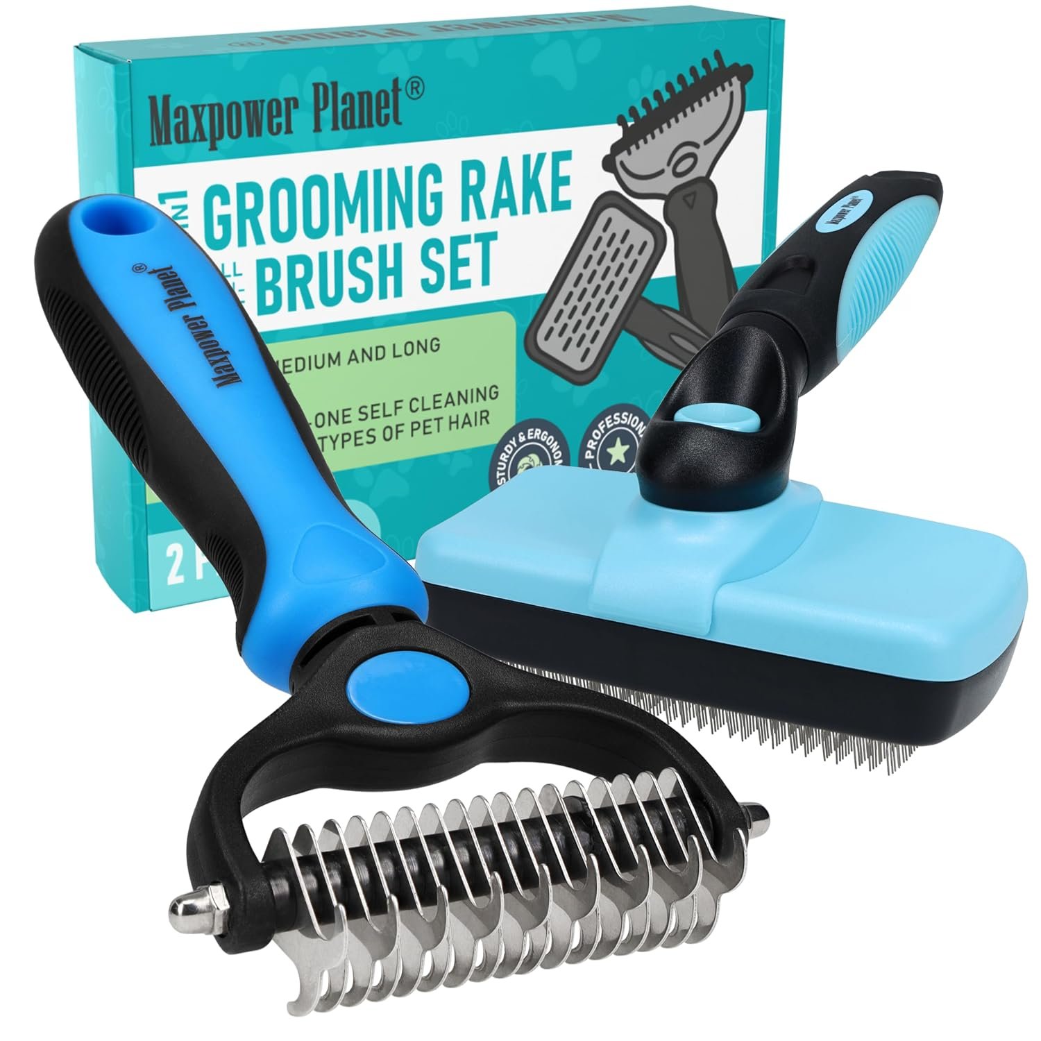 Maxpower Planet Dog Rake and Brush Set for Shedding, Undercoat & Mats