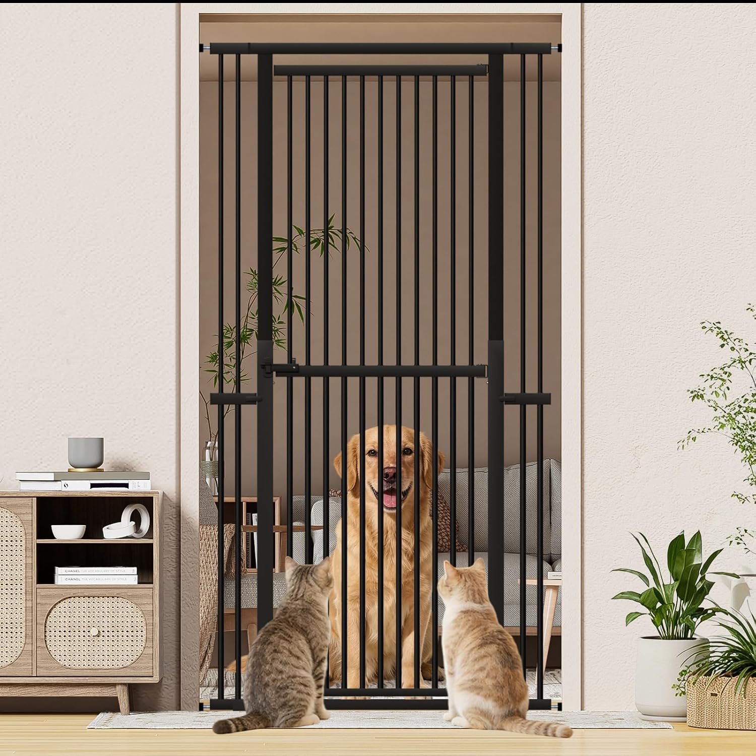 Snuowu 51″-87″ Extra Tall Pet Gate for Cats, 29.5″-40.5″ Wide Pressure Mounted No-Drilling Safety Dog Gate, Metal Walk-Thru Barrier for Doorways, Stairs, Kitchens, Black