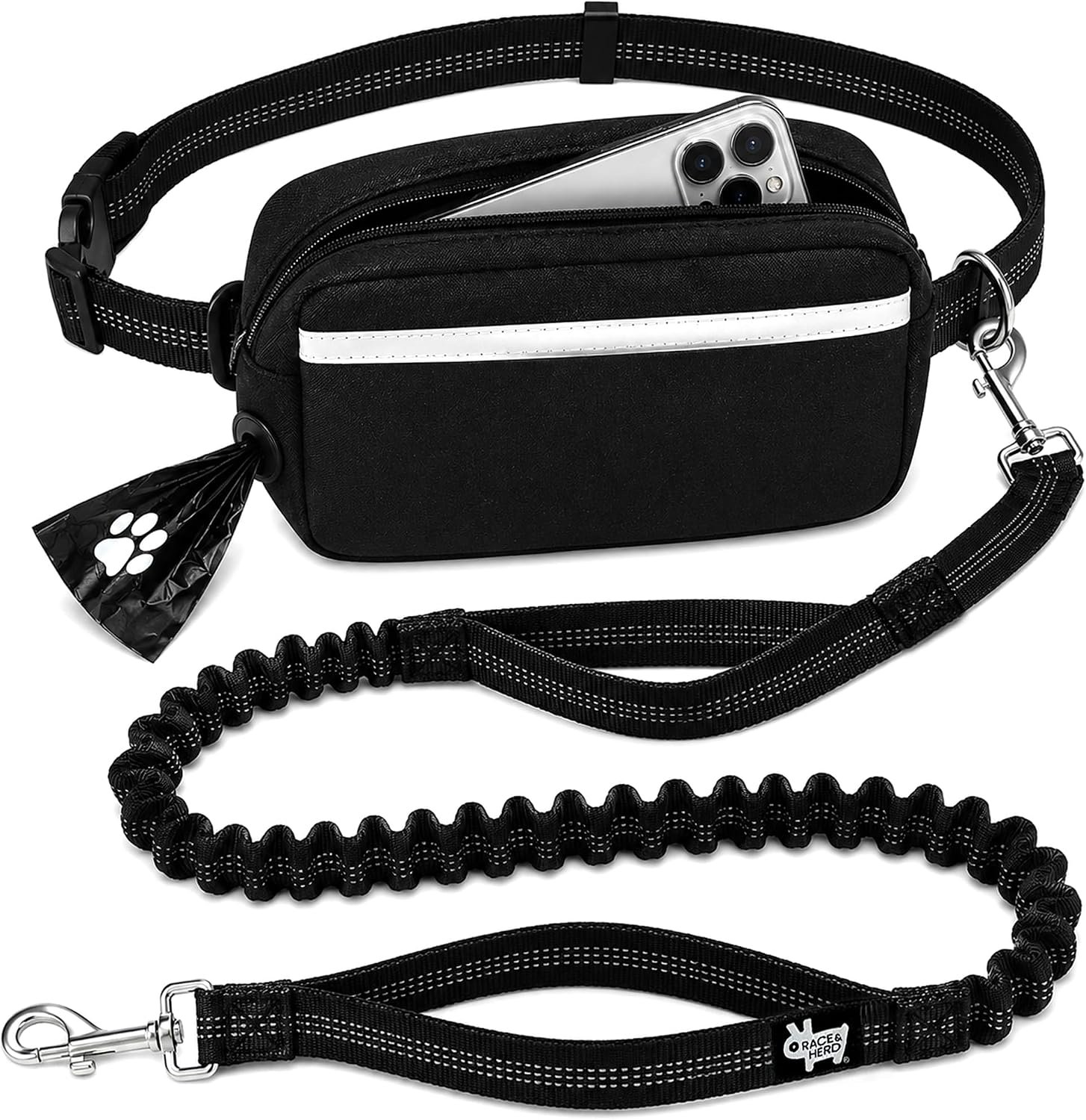 Race&Herd Dog Running Leash Hands Free — 68″ Bungee Waist Belt (Onyx)