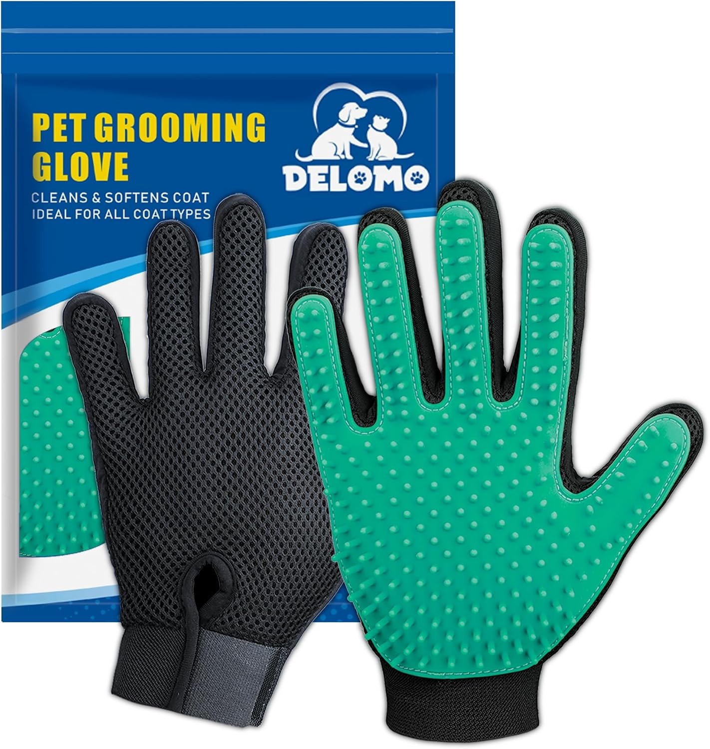 Pet Hair Removal Glove with 255 Silicone Tips for Dogs & Cats, 1 Pair Green