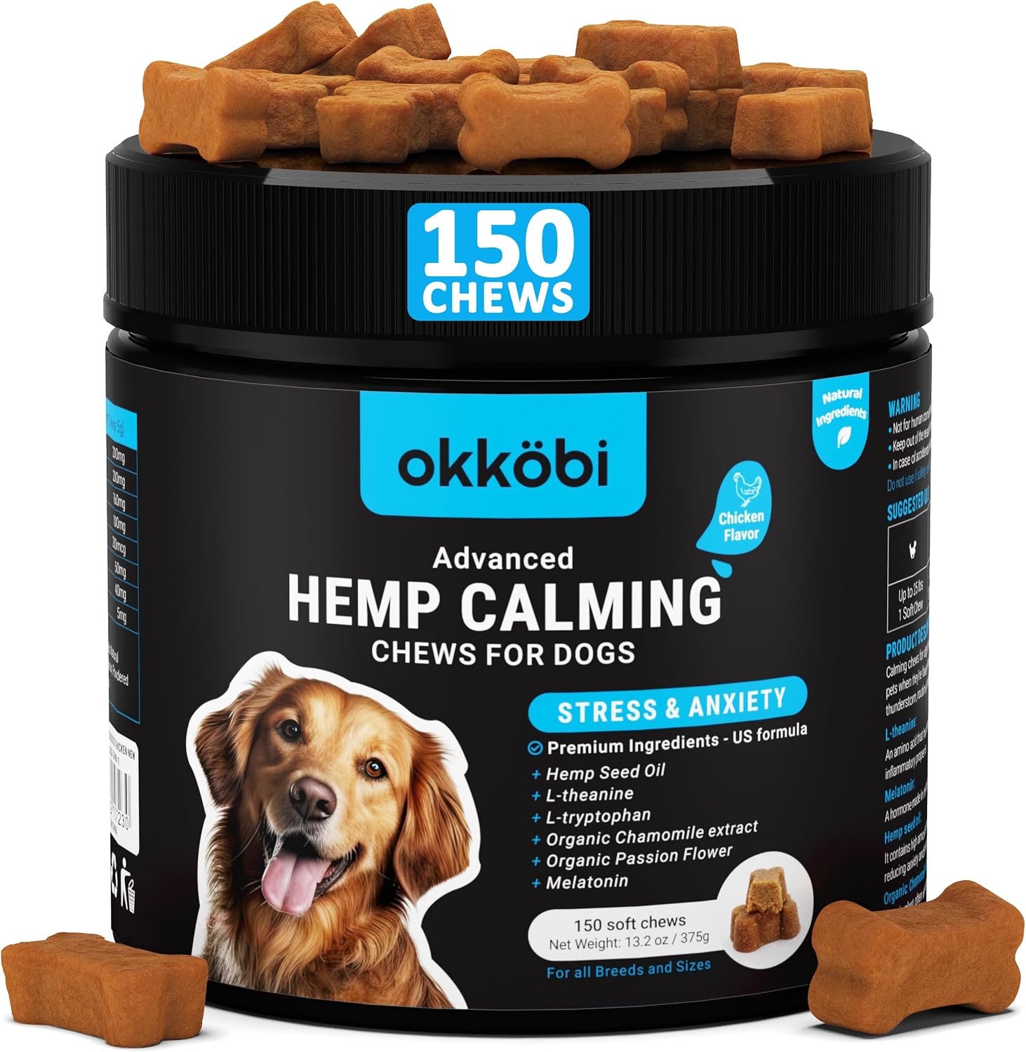 Hemp Calming Chews for Dogs – 150 pcs – for Stress, Travel, Check-ups, Barking, or Grooming – Anxiety Relief with Melatonin – Chicken Flavored Calming Treats