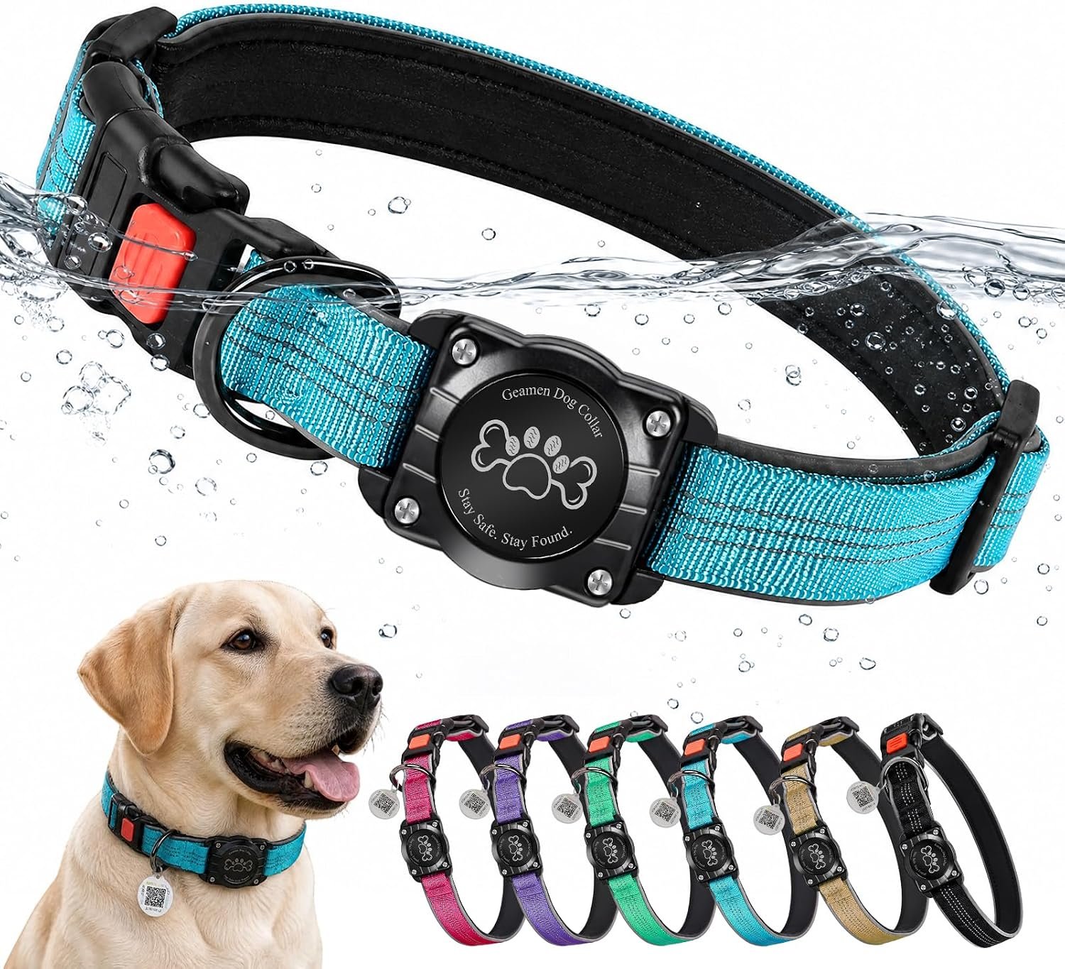 Dog Collar with AirTag Holder Waterproof QR Code Reflective Collar(Blue,M)