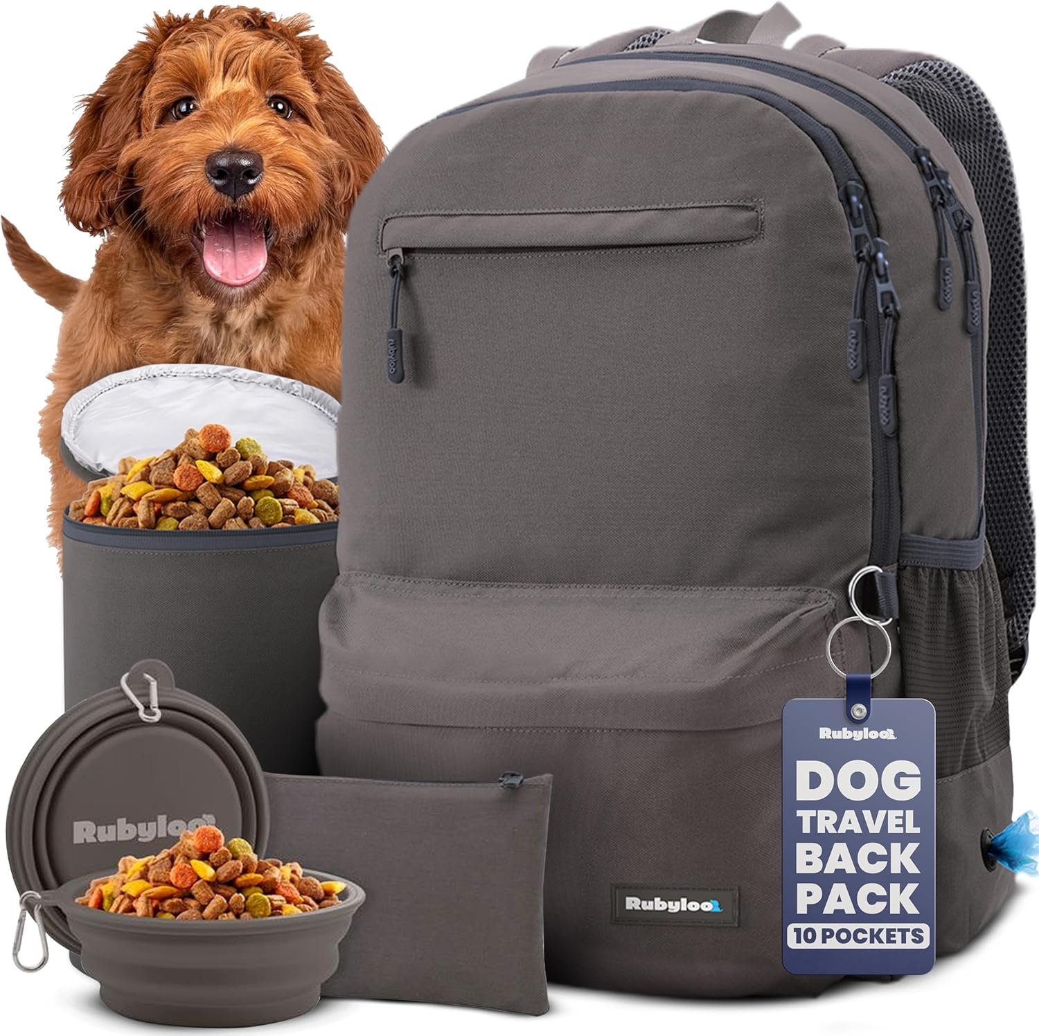 Rubyloo Dog Travel Backpack for Supplies – Dog Diaper Bag with Travel Bowls