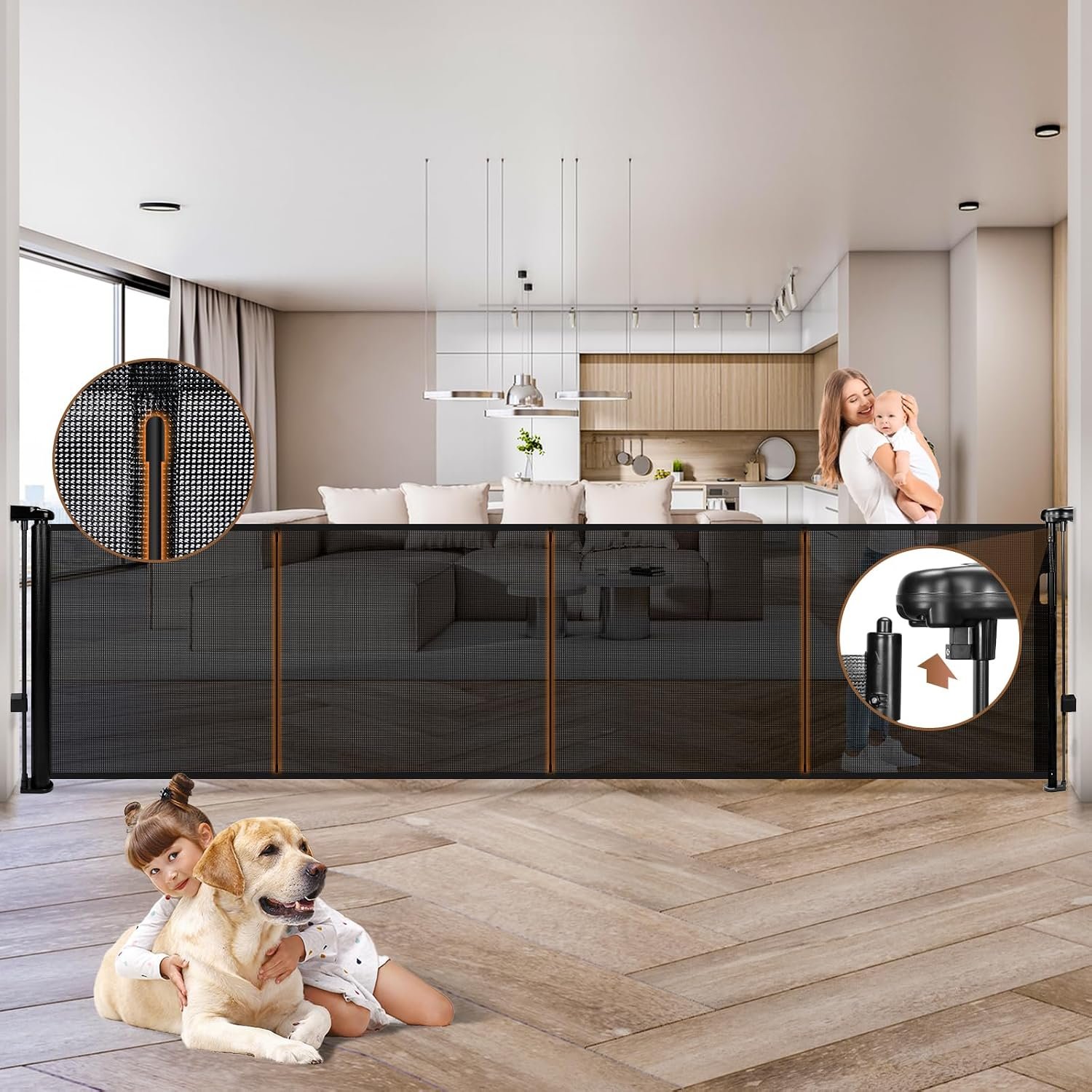 200.1″ Retractable Baby Gate Extra Wide, 41″ Tall Retractable Dog Gate for Stairs, Doorways, Decks, Mesh Gate Long Child Gate Pet Gate for Indoor, Outdoor, with Reinforced Mesh Rods, Dual Locks