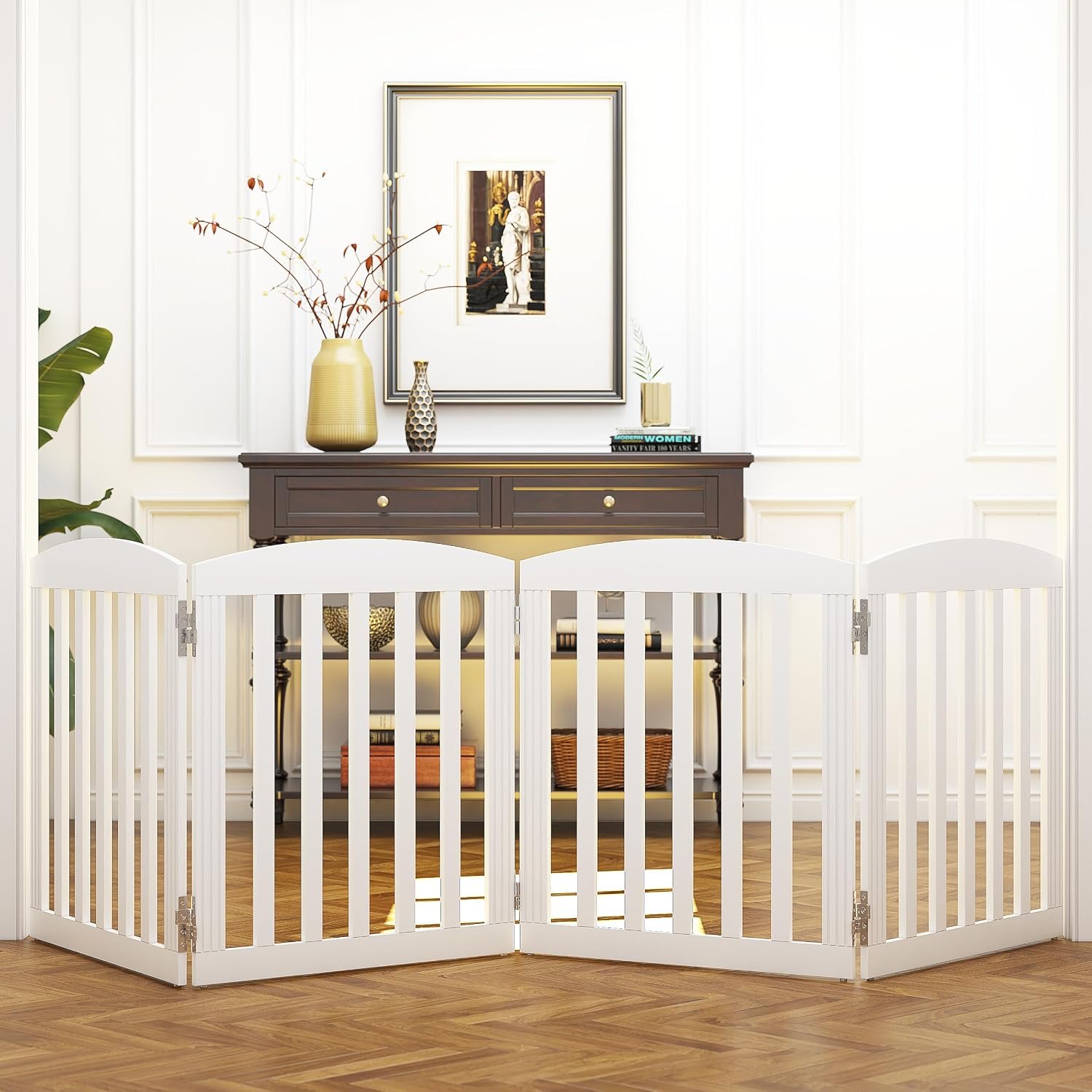 SPIRICH Wooden Freestanding Foldable Dog Gate, 96″ Extra Wide 28″ Tall