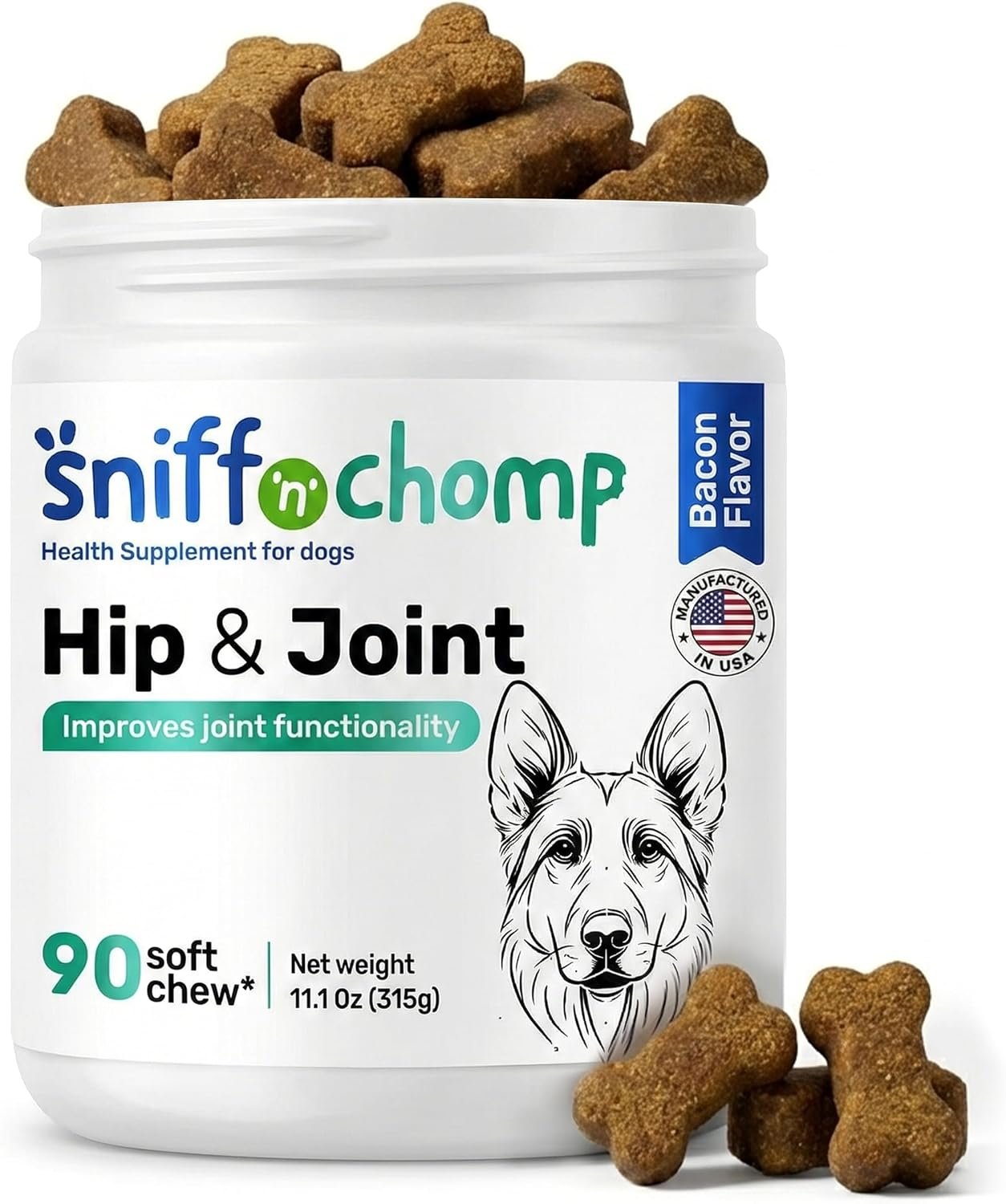 SNIFF ‘N’ CHOMP Hip and Joint Supplement Dogs Chews, Bacon Flavor, Joint Support with Glucosamine for Dogs MSM Turmeric Omega 3, Easy to Chew, Senior & Active Dog | 90 Soft Chews