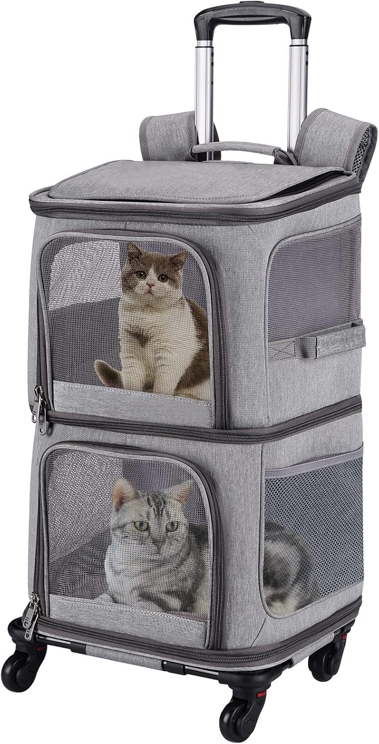 Double Pet Carrier Backpack with Wheels for Cats & Small Dogs, Grey