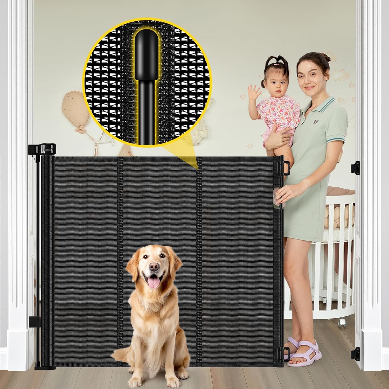 Reinforced 42″ Extra Tall Retractable Baby Gates, Extends up to 60″ Wide