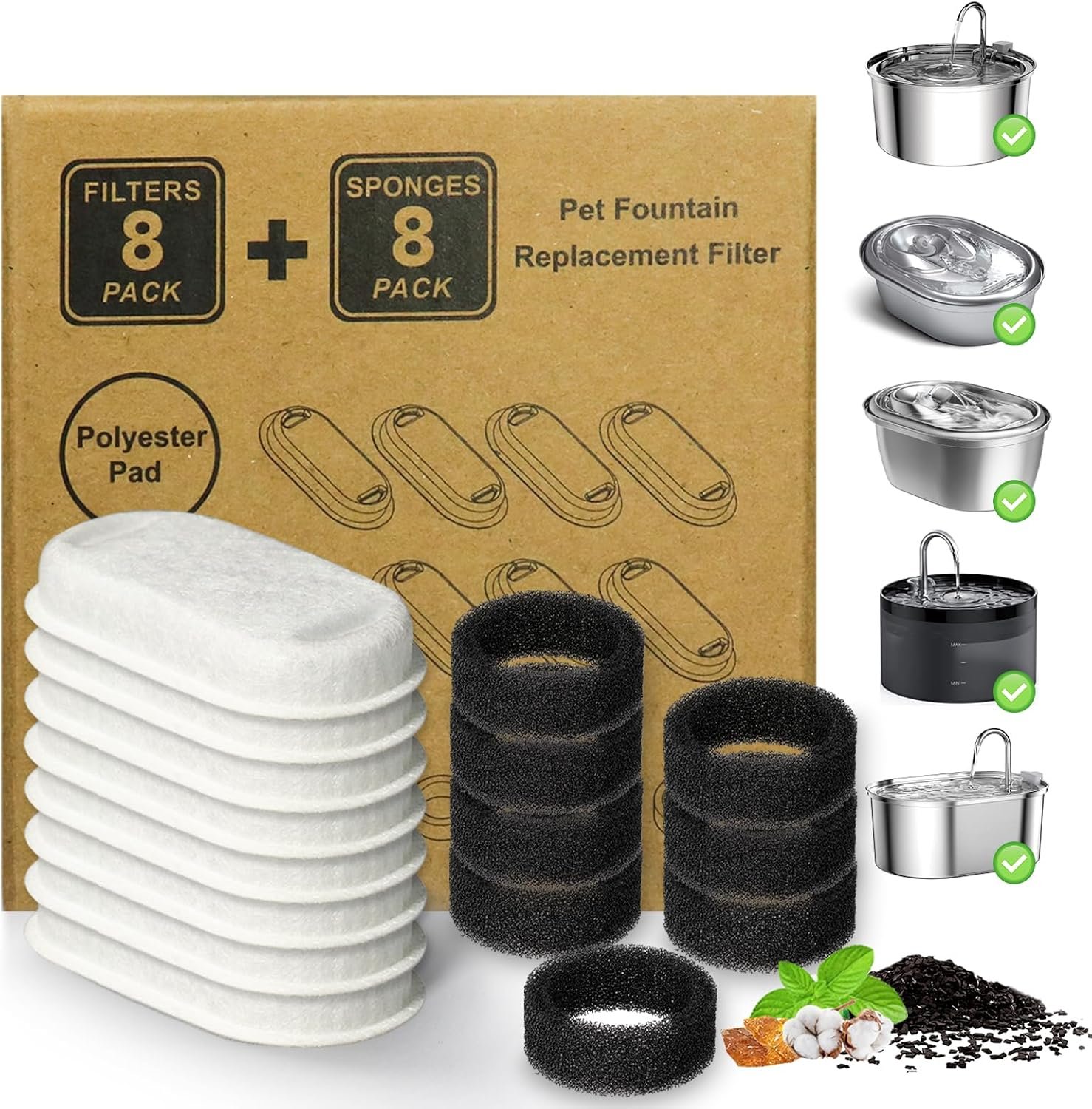 Cat Water Fountain Filter 16Pcs Fit 101oz/3L Stainless Steel Pet Fountain