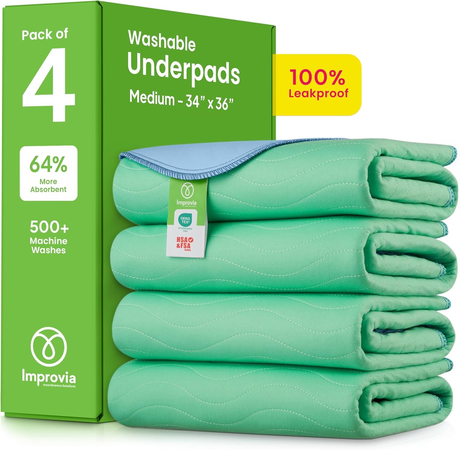 IMPROVIA® Washable Underpads, Heavy Absorbency Reusable Incontinence Pads for Kids, Adults, Elderly, and Pets, Waterproof Protection Floor – Green & Blue, 34″x36″ (Pack of 4).