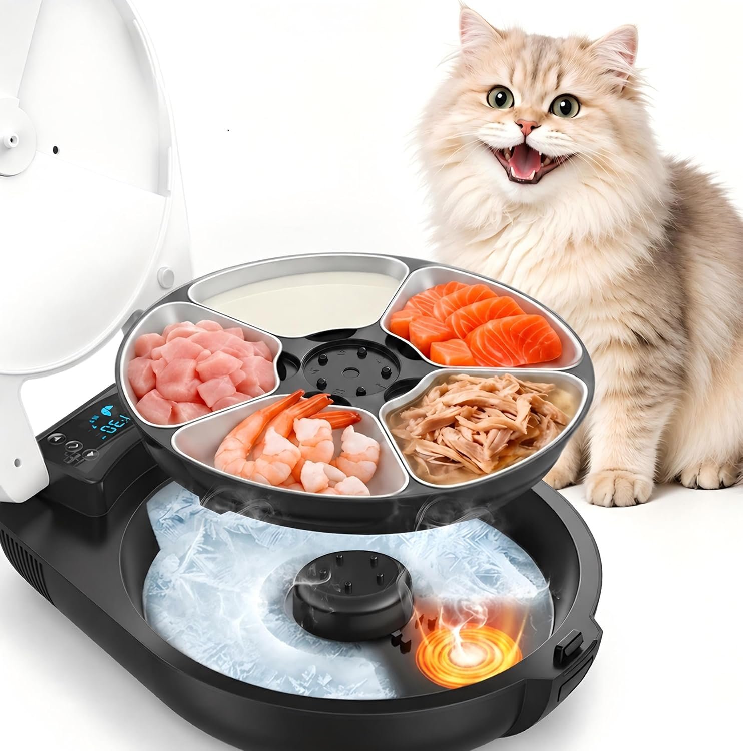 Automatic Wet Food Cat Feeder, 3 Days Freshness 5 Meals Cat Food Dispenser, Semiconductor Cooling & Heating with 304 Stainless Steel Bowl, Programmable Timer Refrigerated Auto Cat Feeder
