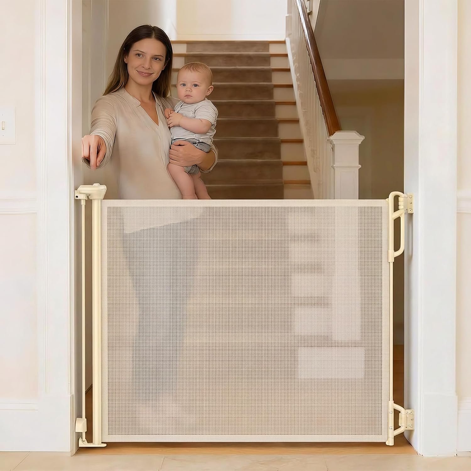 SPACEANY Retractable Baby Gate, 45″ Wide Mesh Gate, Cream