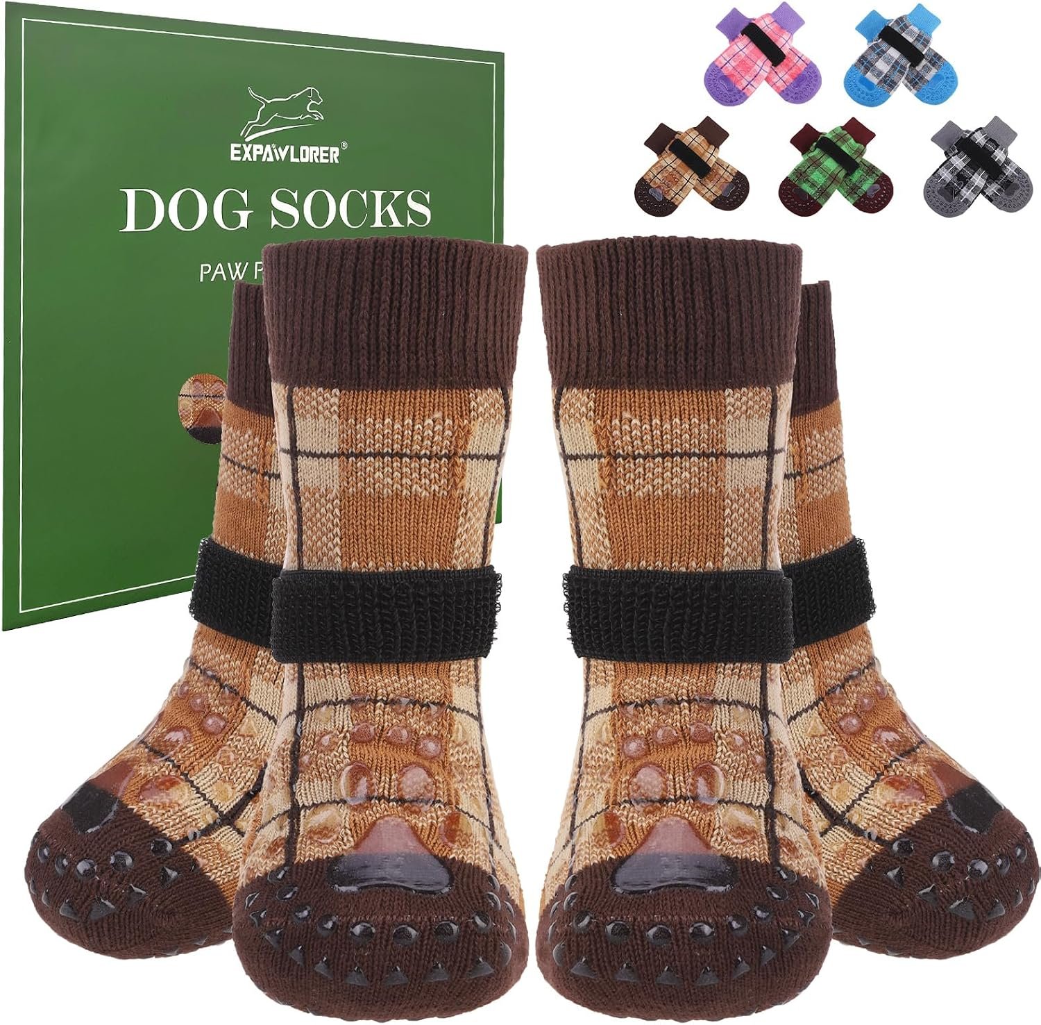 EXPAWLORER Dog Socks for Hardwood Floors, Dog Booties for Winter, Dog Boots & Paw Protectors Pavement to Prevent Licking, Anti Slip Dogs Shoes for Small Medium Large Senior Dogs,Khaki L