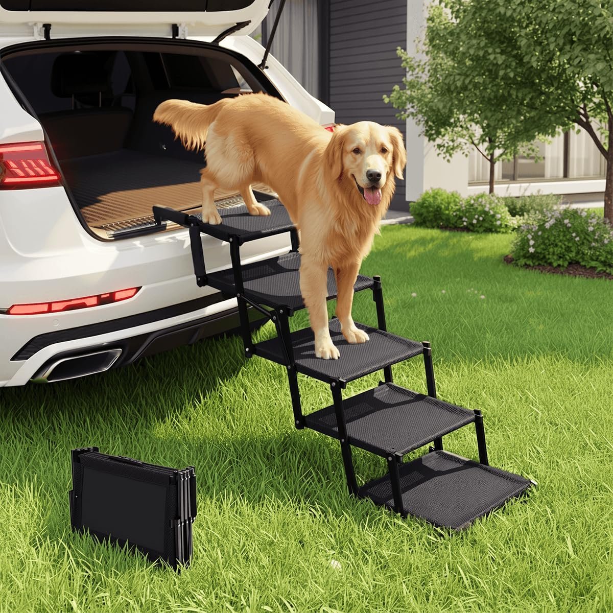Oiilores Foldable Dog Stairs for Large Dogs – Extra Wide Pet Ramp for Cars, SUV, Non-Slip Surface, Supports Up to 250 Lbs, 5 Steps