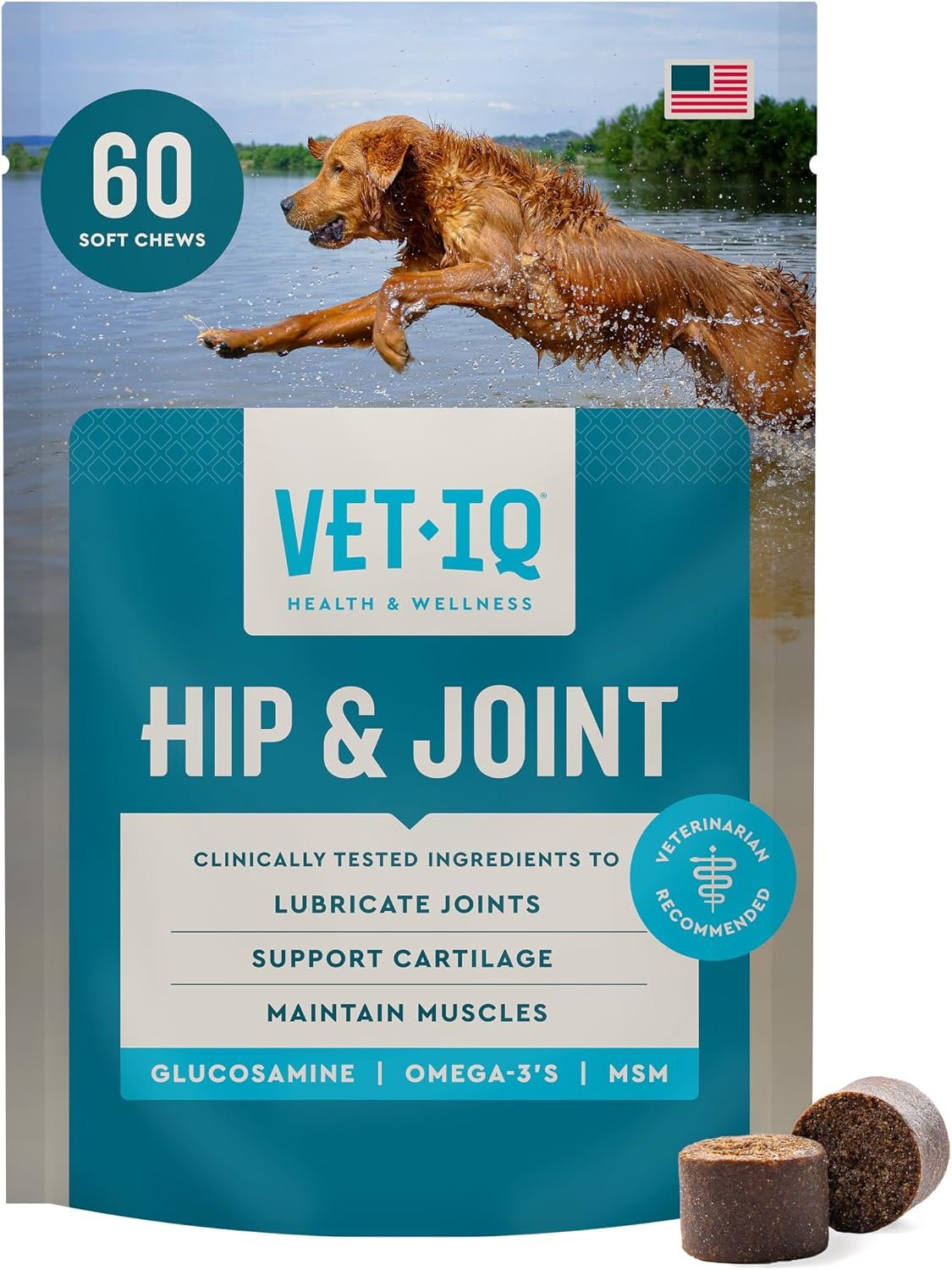 VetIQ Glucosamine Hip & Joint Supplement for Dogs, 60 Soft Chews, Joint Support Supplement with MSM and Krill, Dog Health Supplies Large & Small Breed, Chicken Flavored Chewables
