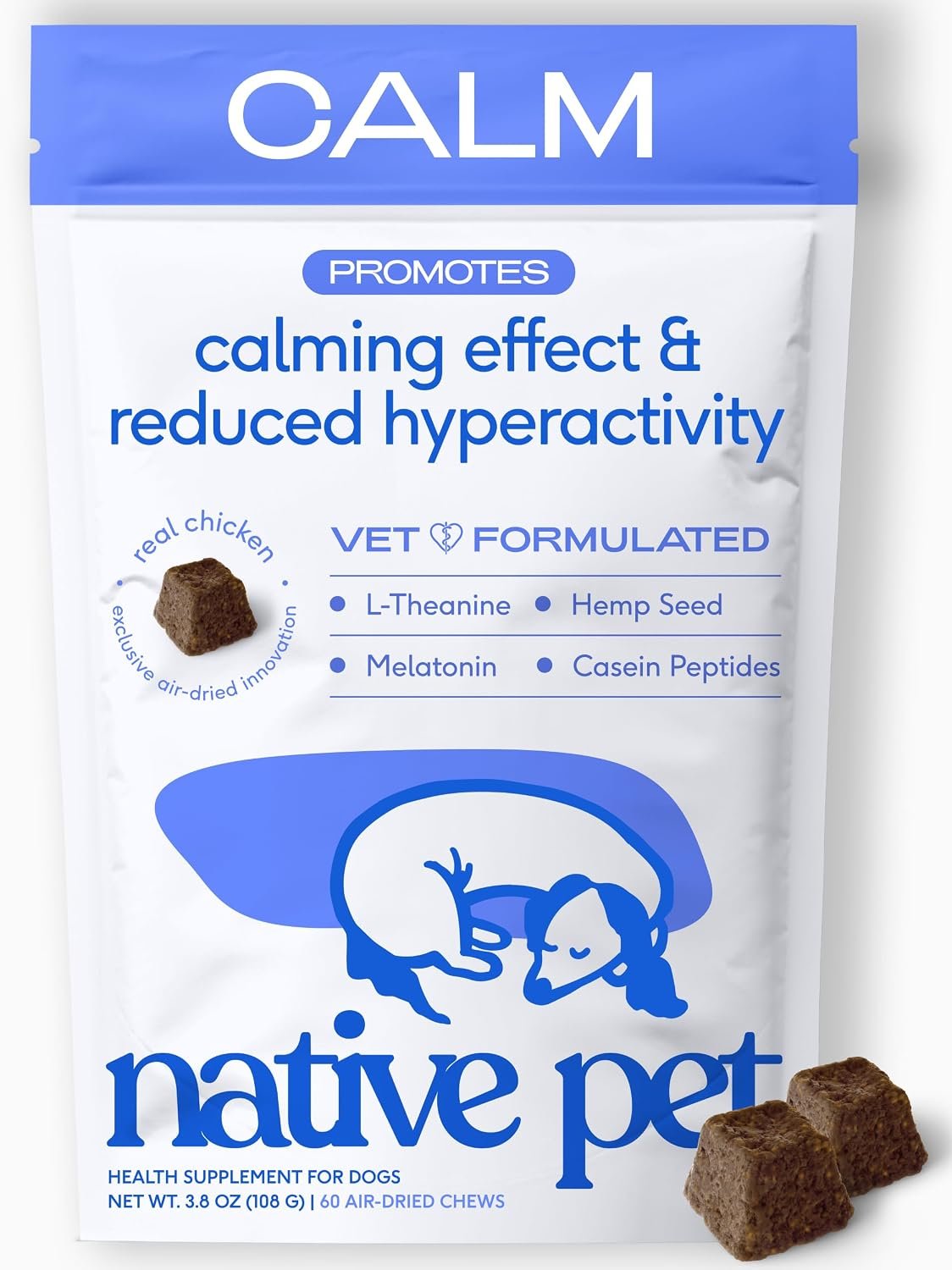 Native Pet Calming Chews for Dogs – Promotes Calming Effect, Supports Emotional Balance & Reduces Hyperactivity – Hemp Seed, Melatonin for Dogs, L-Theanine & Casein -Air-Dried 60 Chews