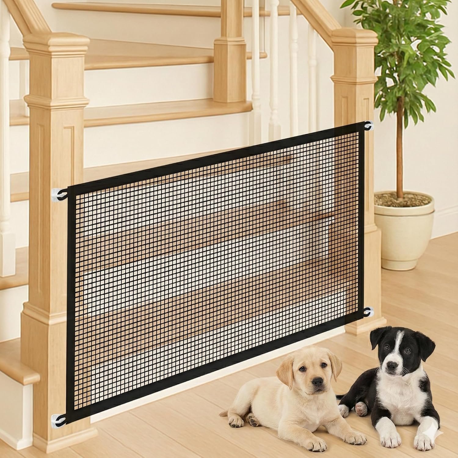 Pet Gate Mesh – No-Drill Easy Install, Good Helper,Portable Folding Dog Safety Fence for Stairs & Doorways, 43.3″ W x 28.3″ H with 4 Adhesive Hooks