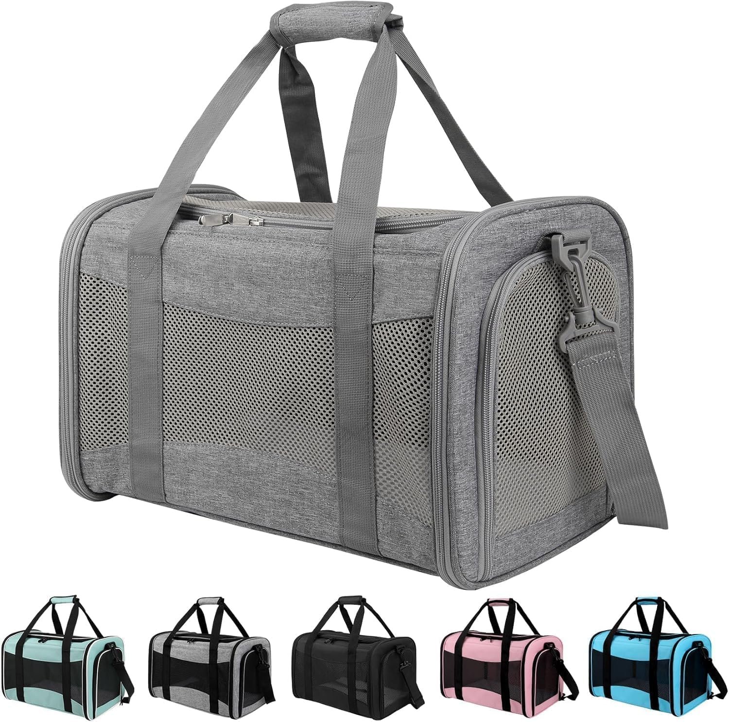 Cat Carrier, Soft-Sided Airline Approved Pet Carrier Case with 4 Ventilated Windows for Cats and Dogs Under 10-25Lbs (17.0 L x 11.0 W x 11.0 H Inch, Grey)