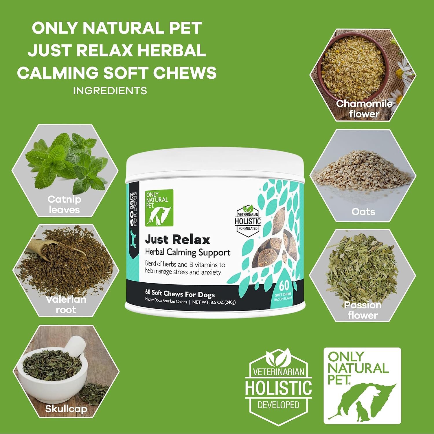 Only Natural Pet – Just Relax Herbal Calming Soft Chews for Dogs | Natural Anxiety Relief Treats, Premium Dog Relaxation Aid, Stress and Anxiety Relief Supplement – Bacon Flavor – 60 Soft Chews