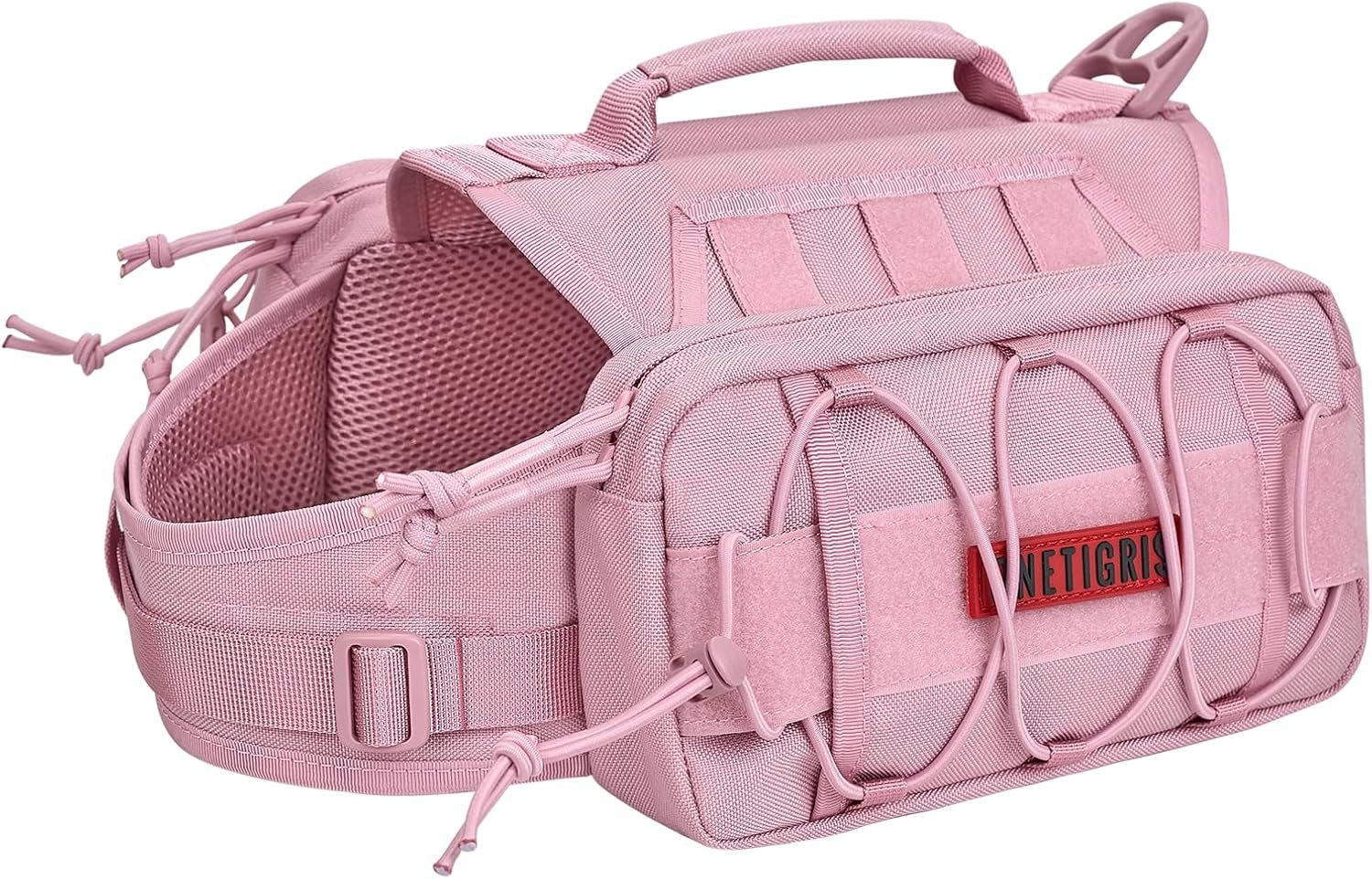 ONETIGRIS Dog Backpack for Medium & Large Dogs, Nylon Backpack for Dogs Tactical Pet Backpack with Side Pockets for Hiking Walking Training Running (Pink, Medium)