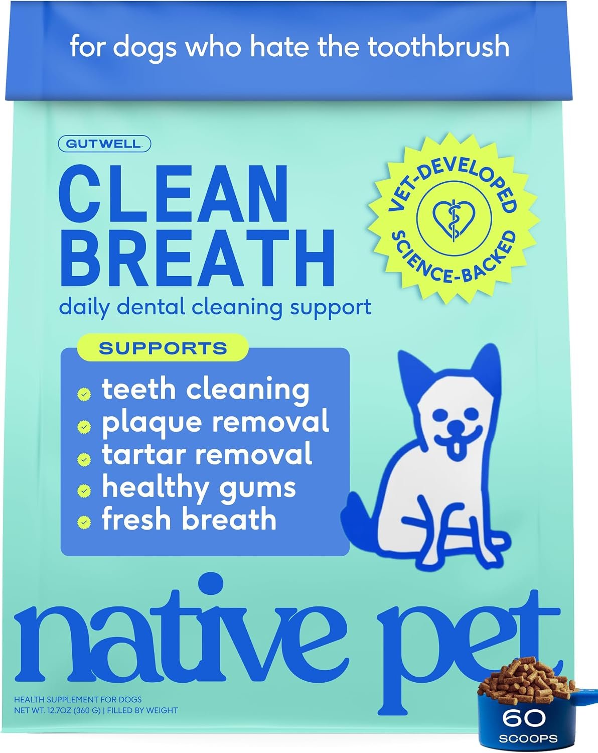 Native Pet Clean Breath Dog Dental Care – Teeth Cleaning for Fresh Breath, Clean Teeth & Healthy Gums – Tartar and Plaque Remover – Dog Breath Freshener – 60 Scoops