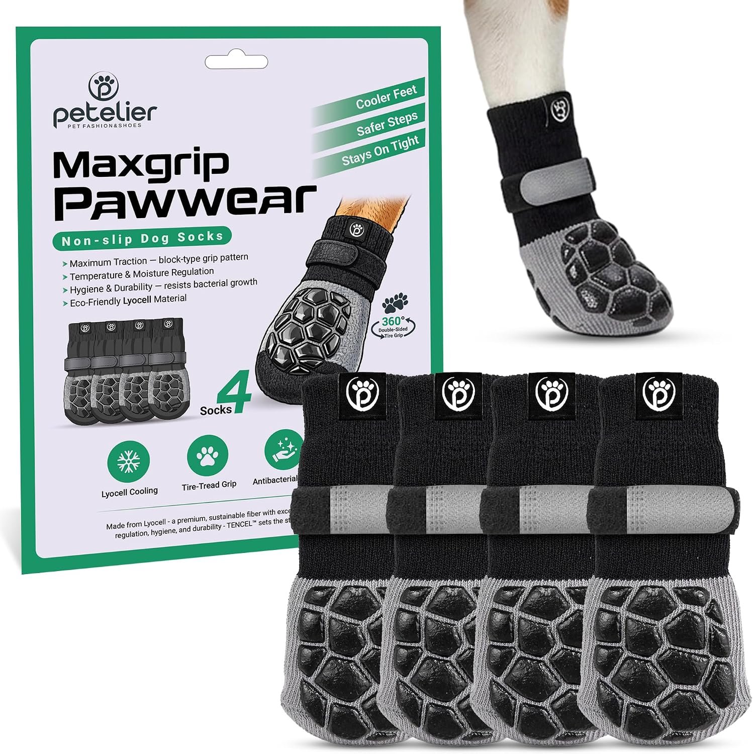 MaxGrip PAWWEAR Anti‑Slip Dog Socks | Dual‑Side Traction Grip, Block‑Pattern Max Stability | Breathable Lyocell Fabric | Soft & Durable Paw Protection for Safety on Hardwood & Tile | XLarge, Set of 4