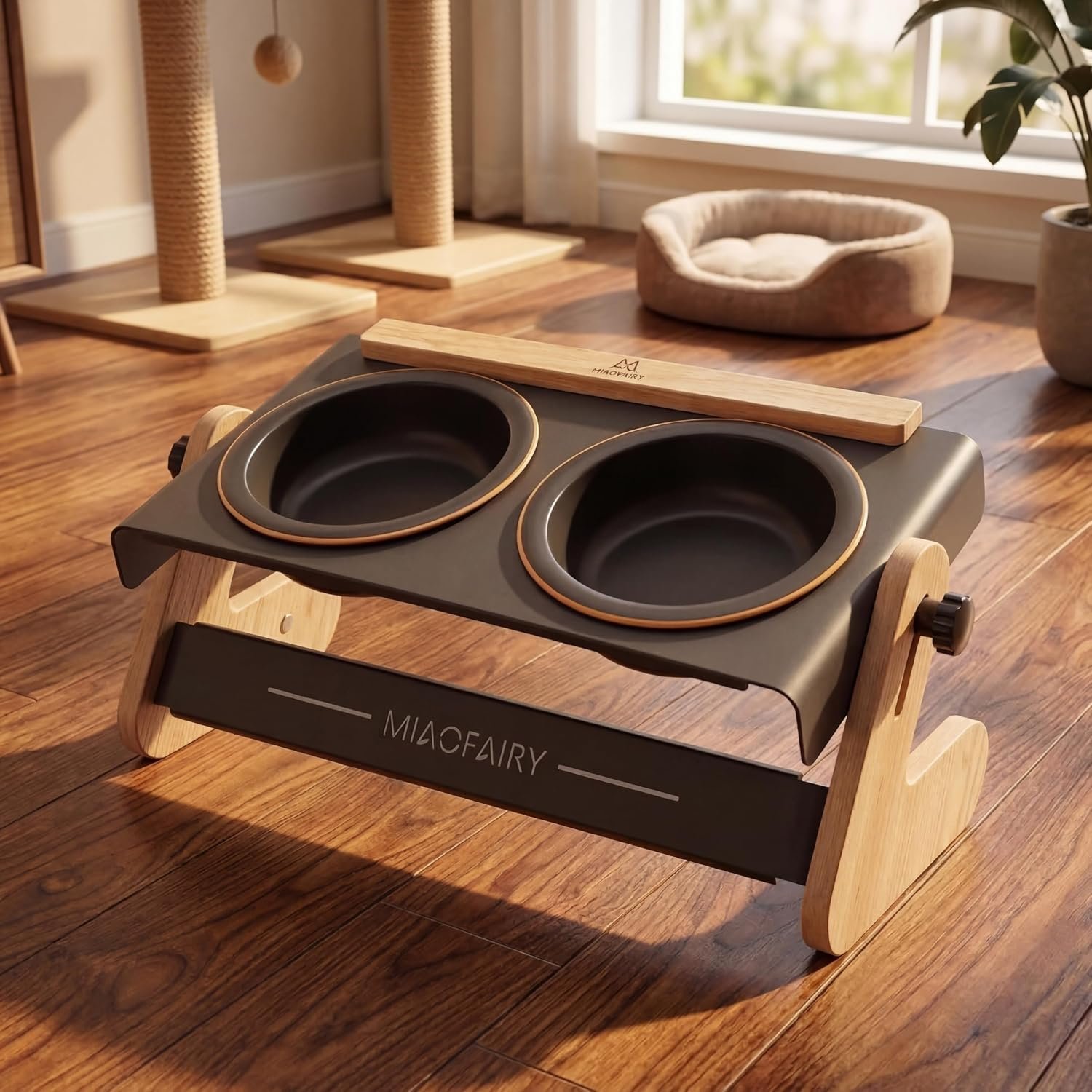 Elevated Cat Bowls 6.8oz x2, Adjustable Raised Cat Bowl Stand, Ceramic Cat Food and Water Bowl Set for Cats and Small Dogs
