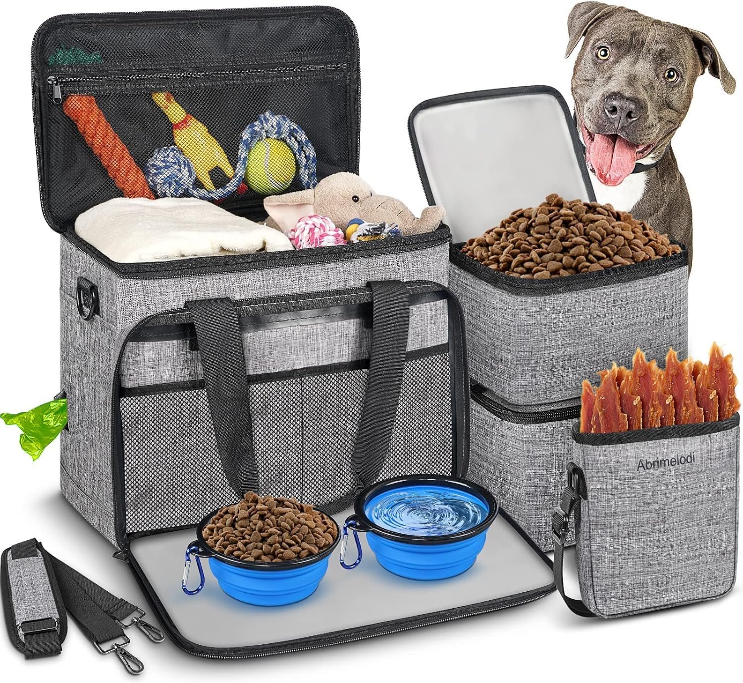 6 Set Dog Travel Bag, Large Pet Travel Kit for Supplies, Grey