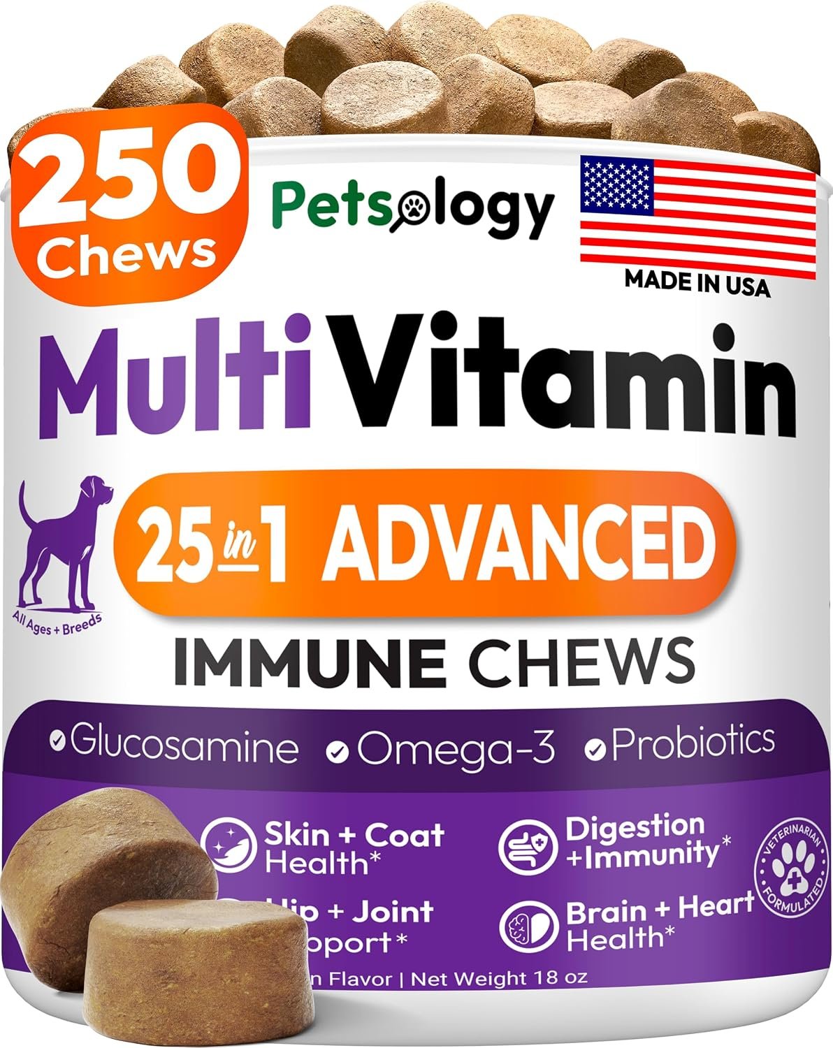 25-in-1 Dog Vitamins and Supplements – 250 Chews Dog Multivitamin Chewable