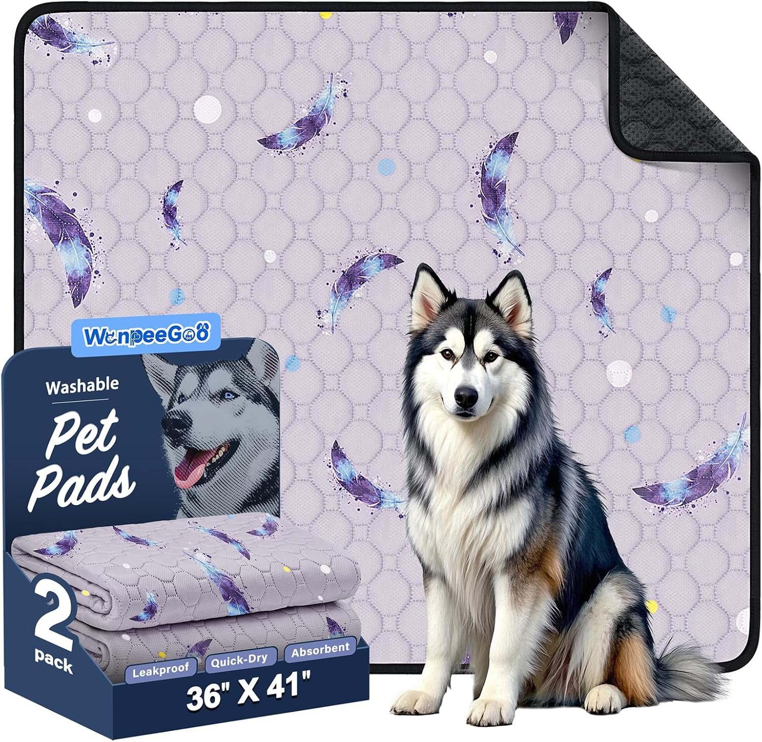 Washable Dog Pee Pads, Non-Slip Waterproof, 36 x 41 in, 2 Pack, Feather