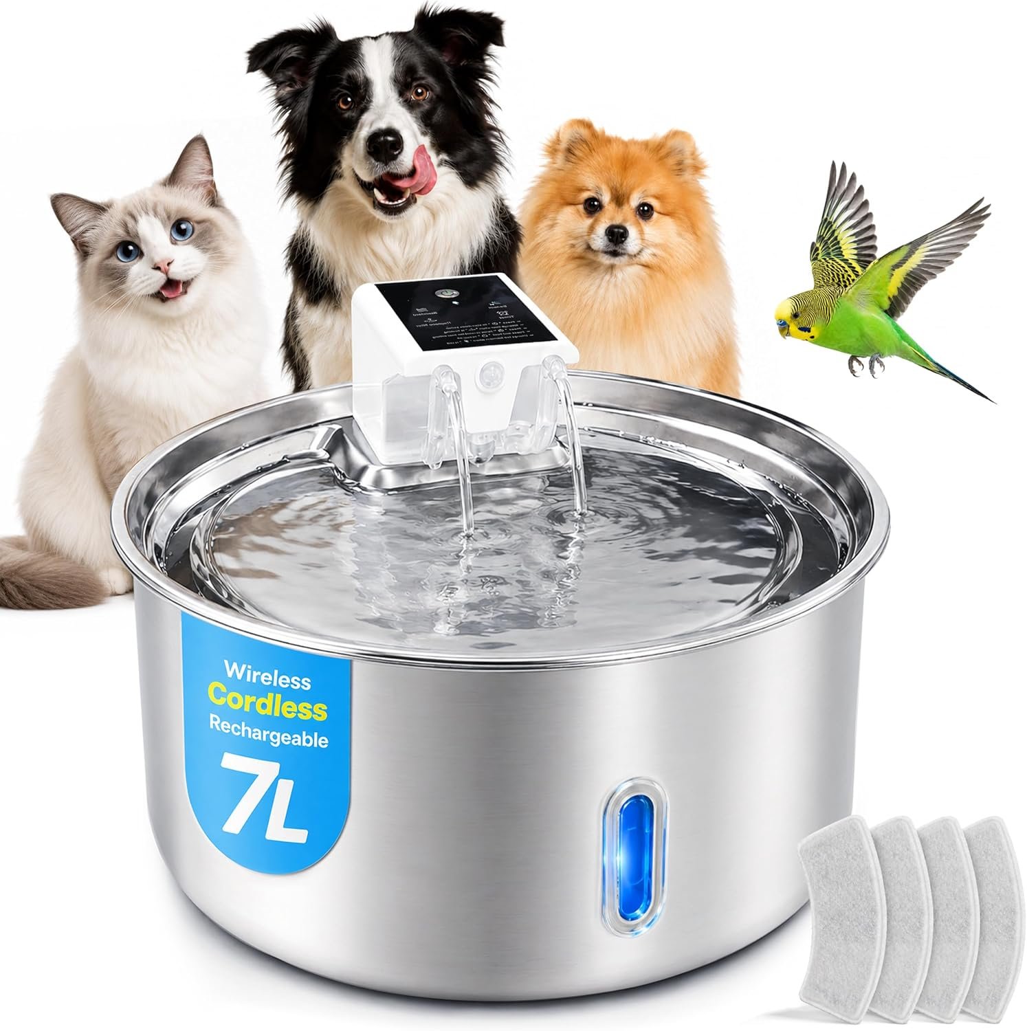 7L (1.85 Gal) Wireless Dog Water Fountain, Cordless Battery Operated Stainless Steel Pet Fountain for Large Dogs and Multi-Pet Homes, 5000mAh Rechargeable, 3 Modes, 4 Filters
