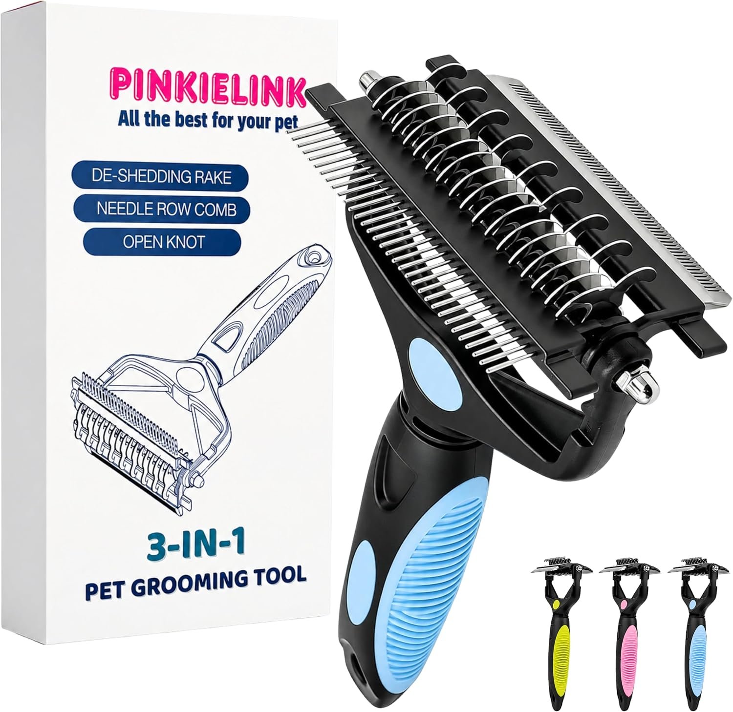 3-IN-1 Pet Grooming Tool – Undercoat Rake, Dematting Comb & Deshedding Brush for Cats, Dogs, Horses – Removes Mats, Tangles & Loose Fur, Reduces Shedding & Prevents Hair Mess (Blue)